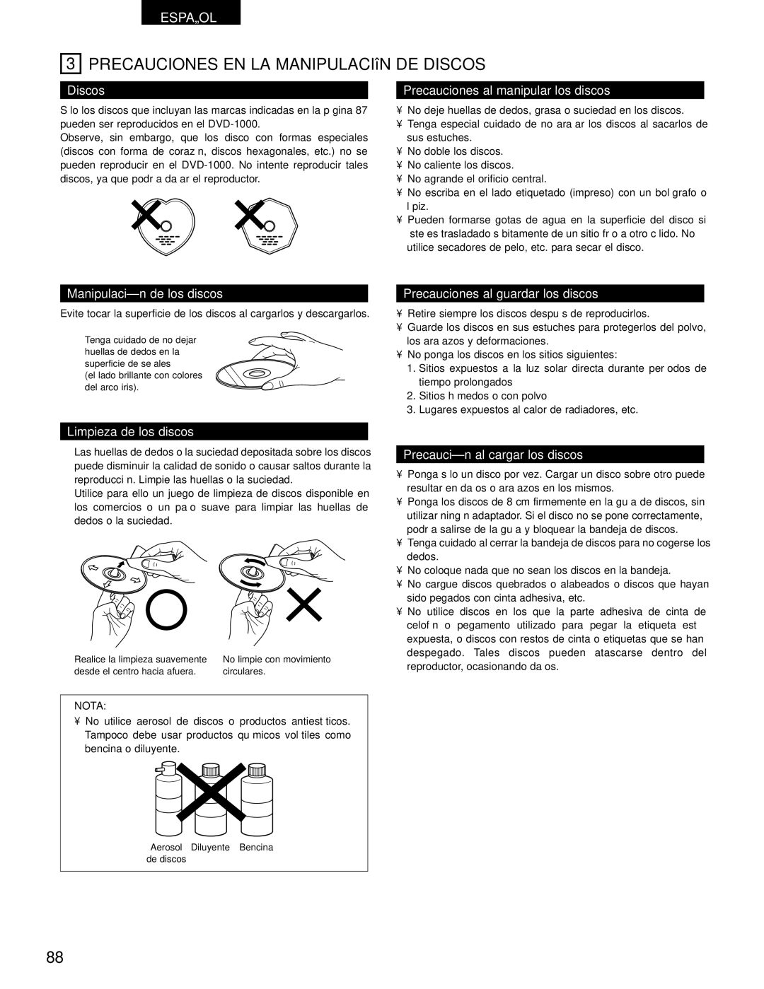 Denon DVD-1000 manual Precauciones EN LA Manipulación DE Discos 