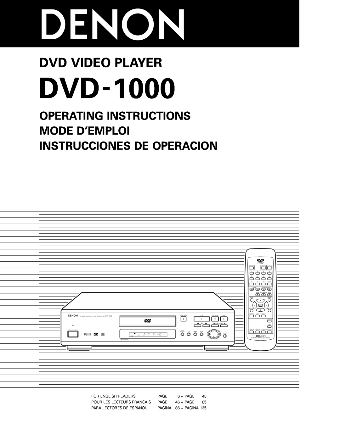 Denon DVD-1000 manual Operating Instructions Mode D’Emploi Instrucciones De Operacion, Dvd Video Player 
