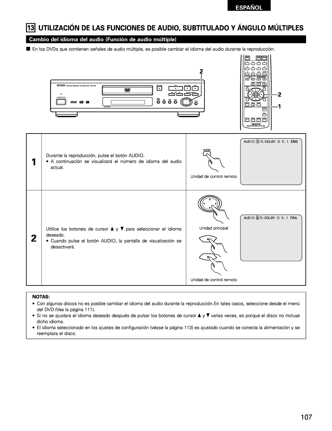 Denon DVD-1000 manual Cambio del idioma del audio Función de audio múltiple, Español, Notas 