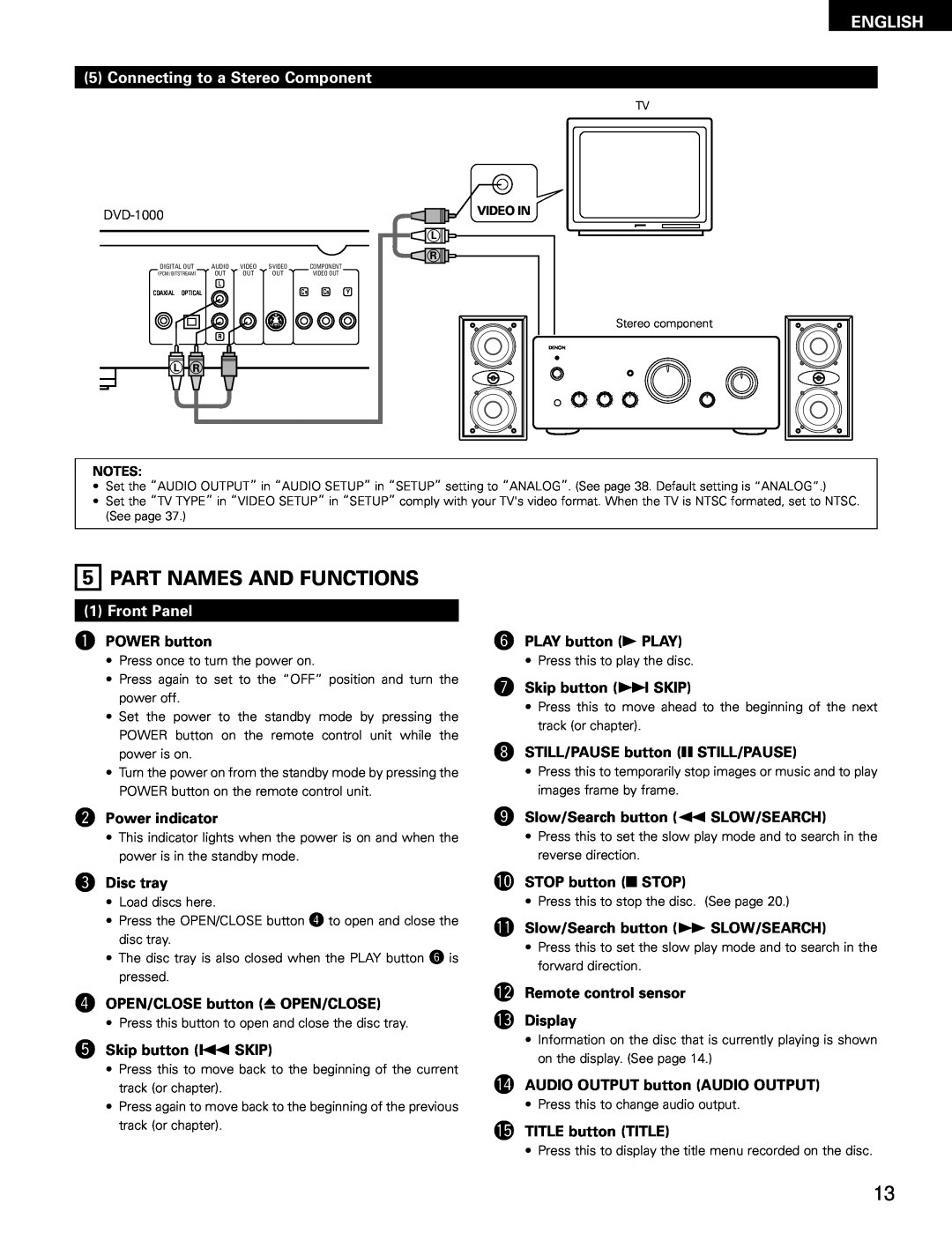Denon DVD-1000 manual Part Names And Functions, Connecting to a Stereo Component, Front Panel, English 