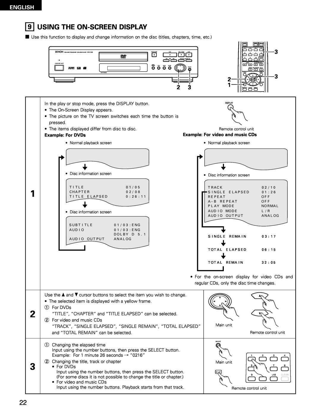 Denon DVD-1000 manual Using The On-Screen Display, English, Example For DVDs, Example For video and music CDs 