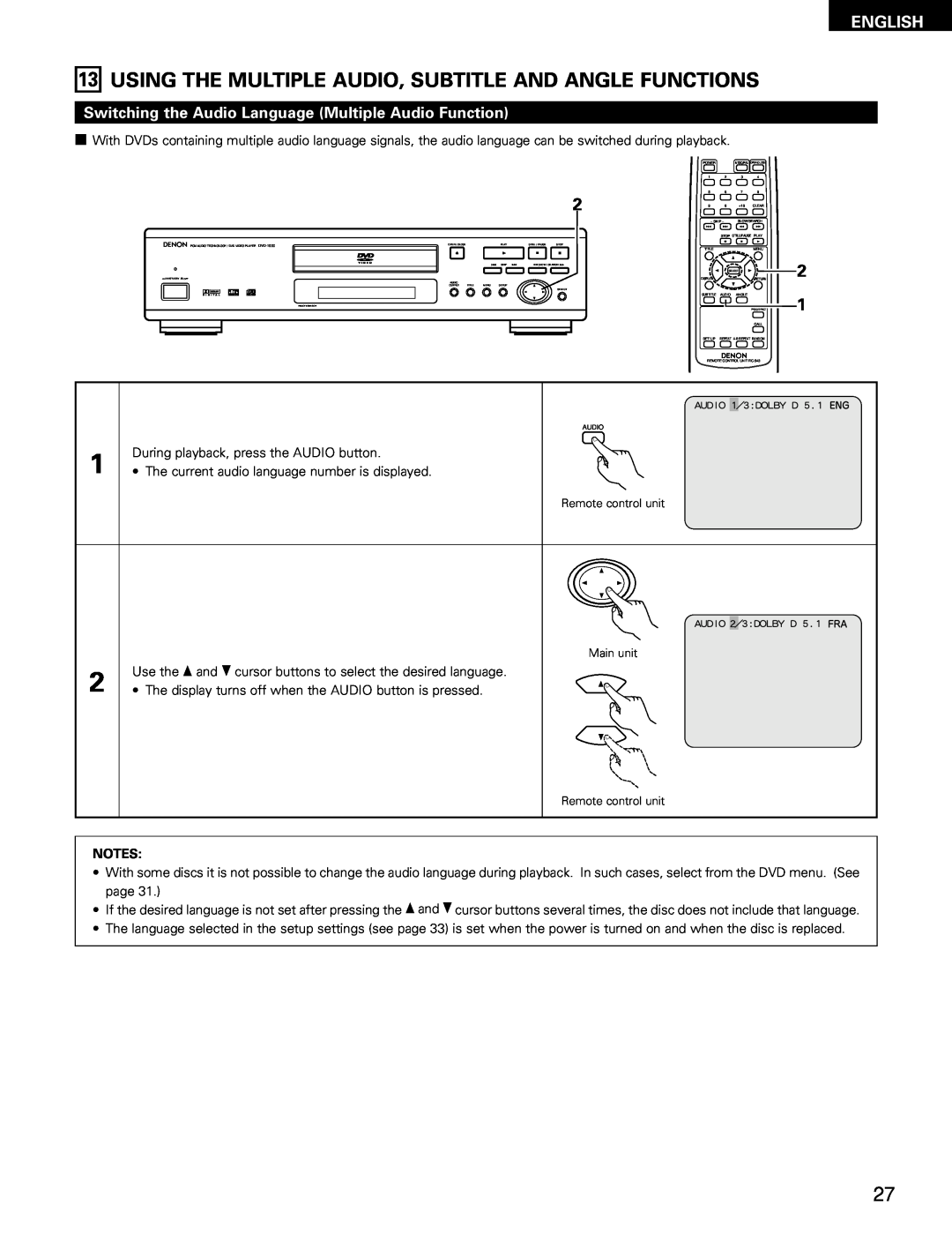 Denon DVD-1000 manual Using The Multiple Audio, Subtitle And Angle Functions, English 