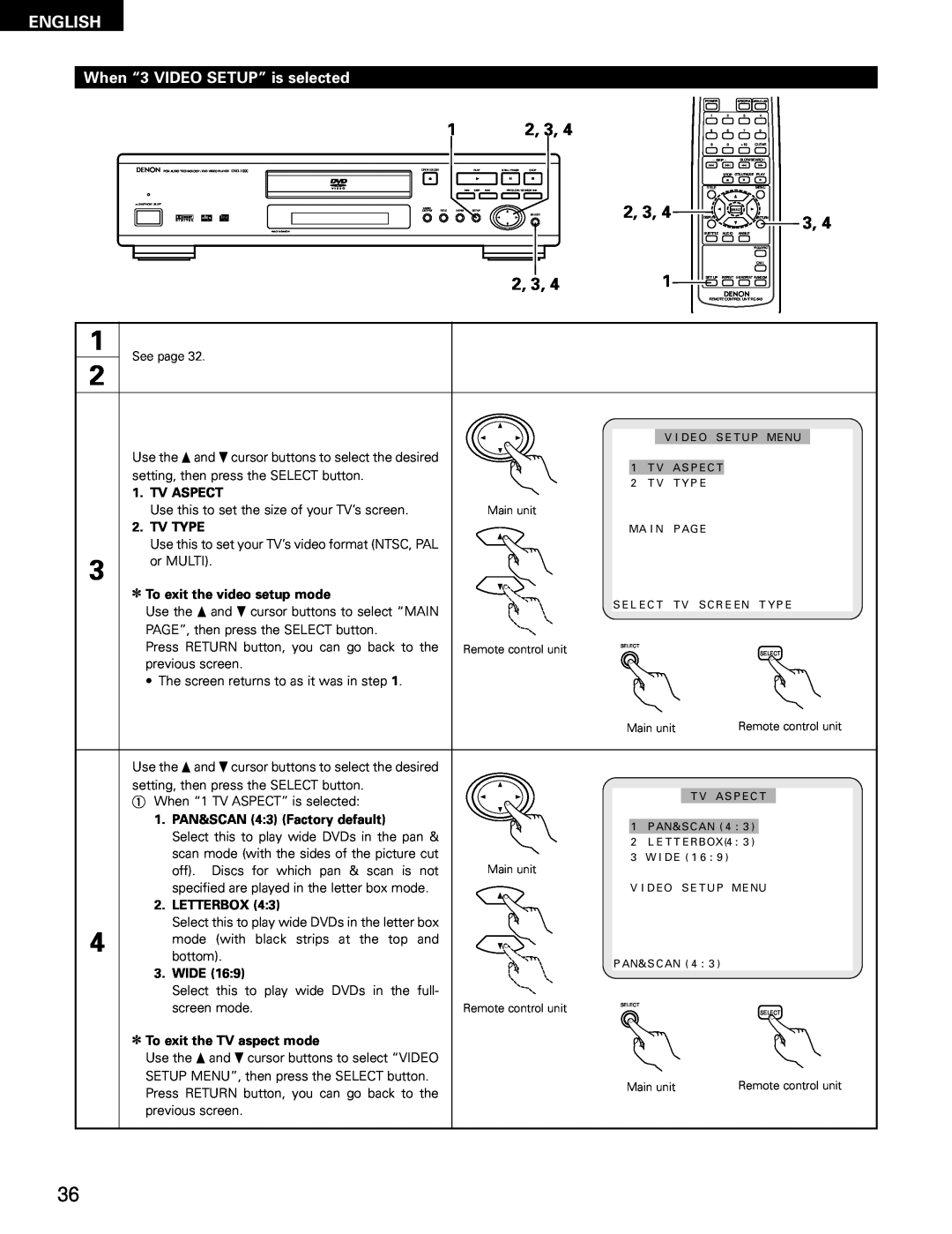 Denon DVD-1000 When “3 VIDEO SETUP” is selected, 2, 3, English, Tv Aspect, Tv Type, To exit the video setup mode, Wide 