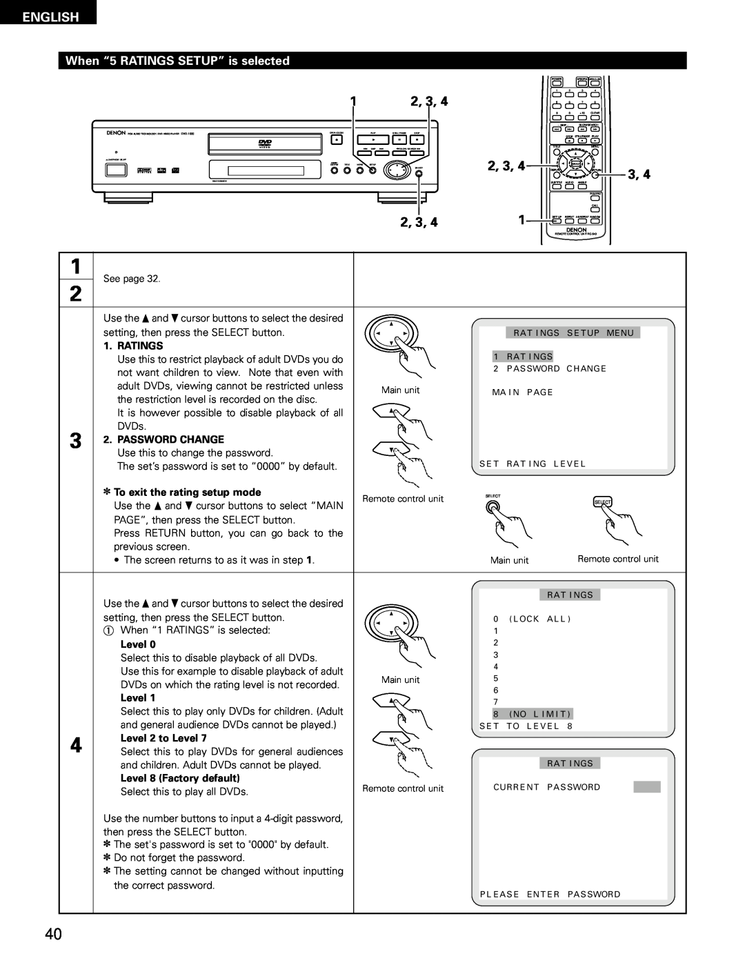Denon DVD-1000 When “5 RATINGS SETUP” is selected, 2, 3, English, Ratings, Password Change, To exit the rating setup mode 