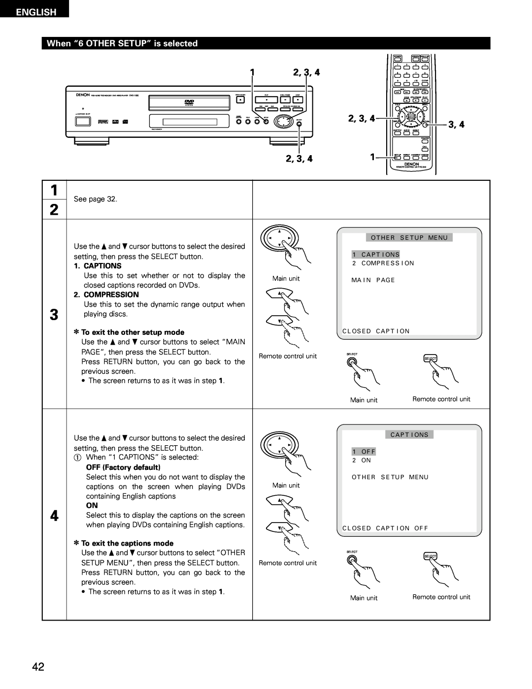 Denon DVD-1000 manual When “6 OTHER SETUP” is selected, 2, 3, English, Captions, Compression, To exit the other setup mode 