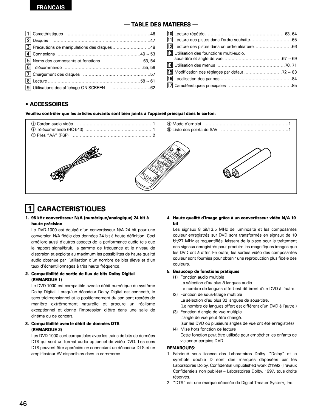 Denon DVD-1000 Caracteristiques, Francais, Table Des Matieres, Accessoires, Beaucoup de fonctions pratiques, Remarques 