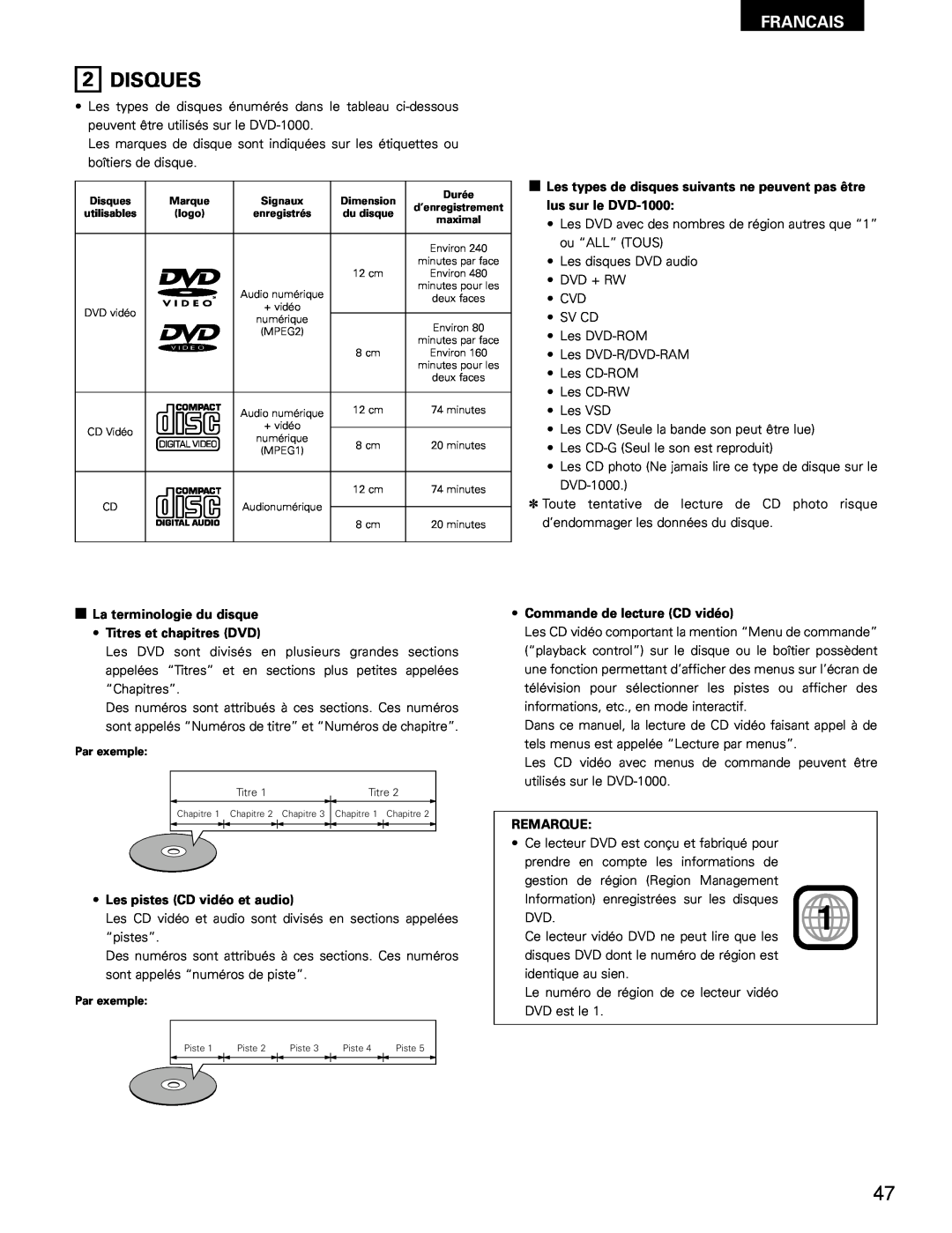 Denon DVD-1000 manual Disques, Francais, La terminologie du disque Titres et chapitres DVD, Les pistes CD vidéo et audio 