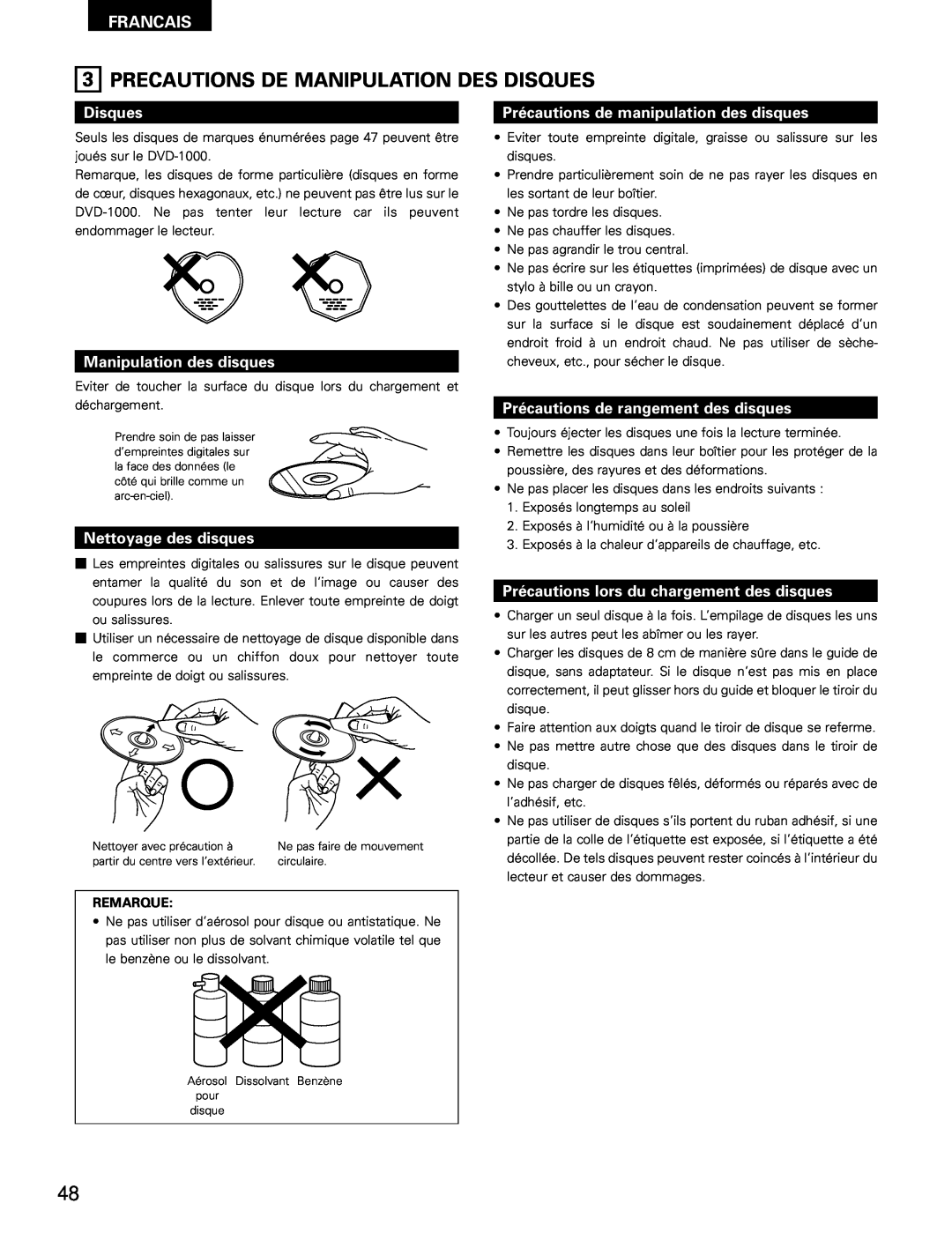 Denon DVD-1000 manual Precautions De Manipulation Des Disques, Manipulation des disques, Nettoyage des disques, Francais 
