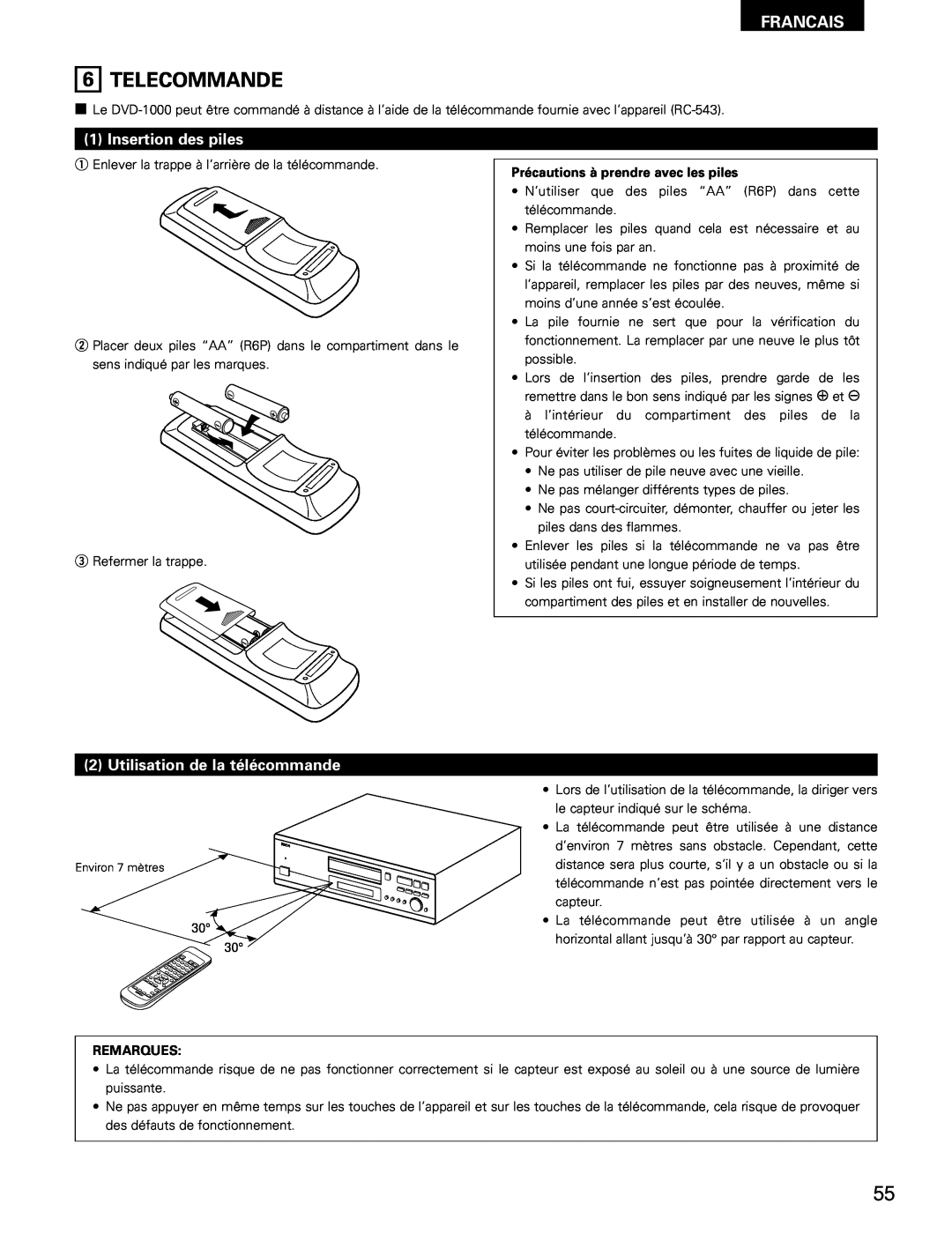 Denon DVD-1000 manual Telecommande, Insertion des piles, Utilisation de la télécommande, Francais, Remarques 