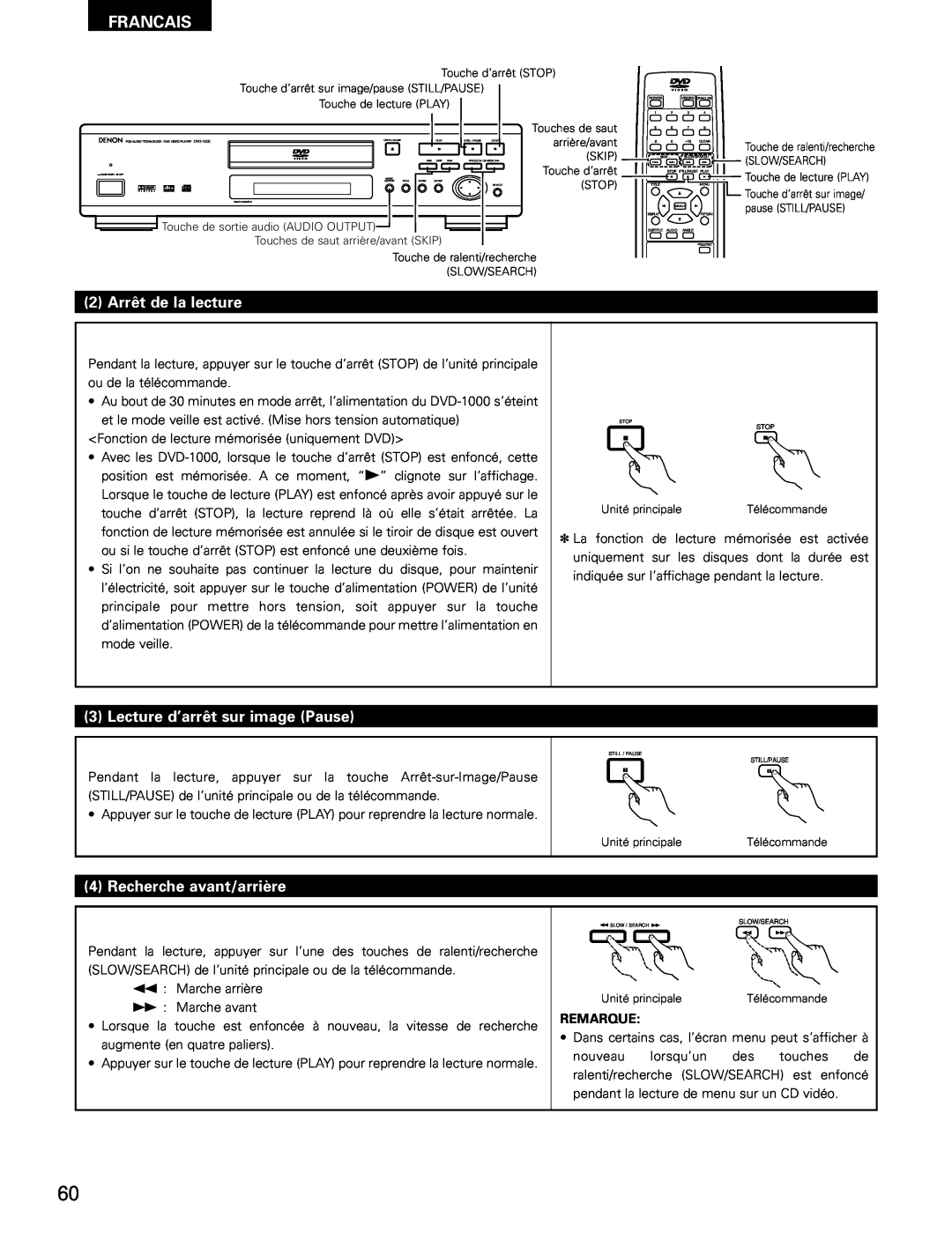 Denon DVD-1000 manual 2 Arrêt de la lecture, Lecture d’arrêt sur image Pause, Recherche avant/arrière, Francais, Remarque 