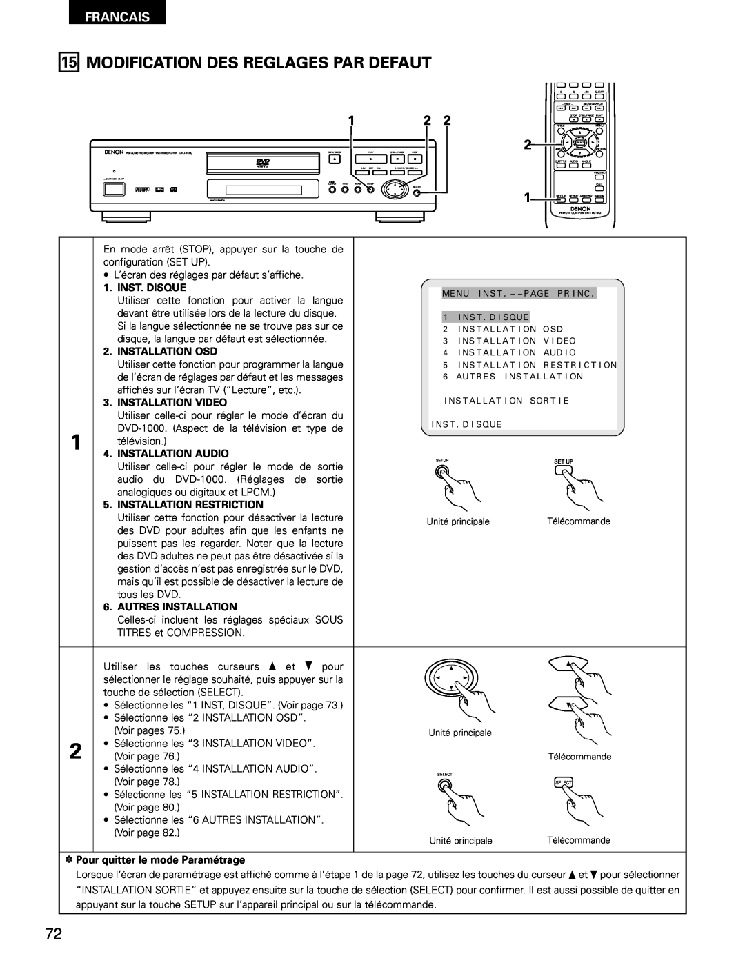 Denon DVD-1000 manual Modification Des Reglages Par Defaut, Francais, Inst. Disque, Installation Osd, Installation Video 