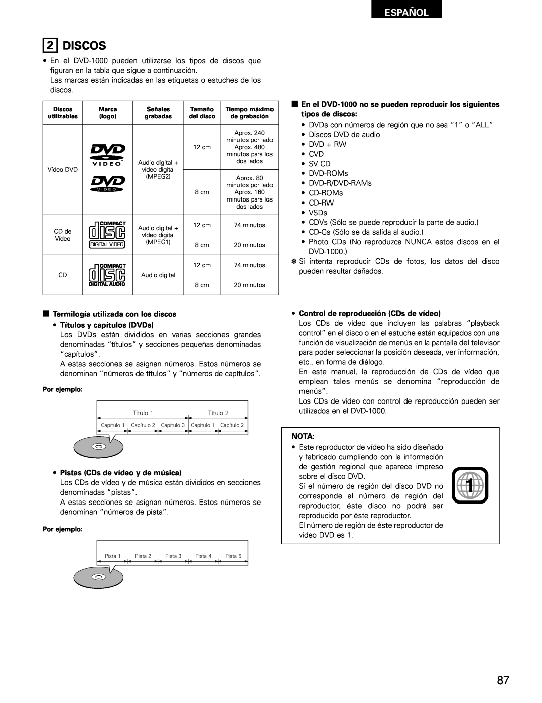 Denon DVD-1000 manual Discos, Español, Termilogía utilizada con los discos Títulos y capítulos DVDs, Nota 