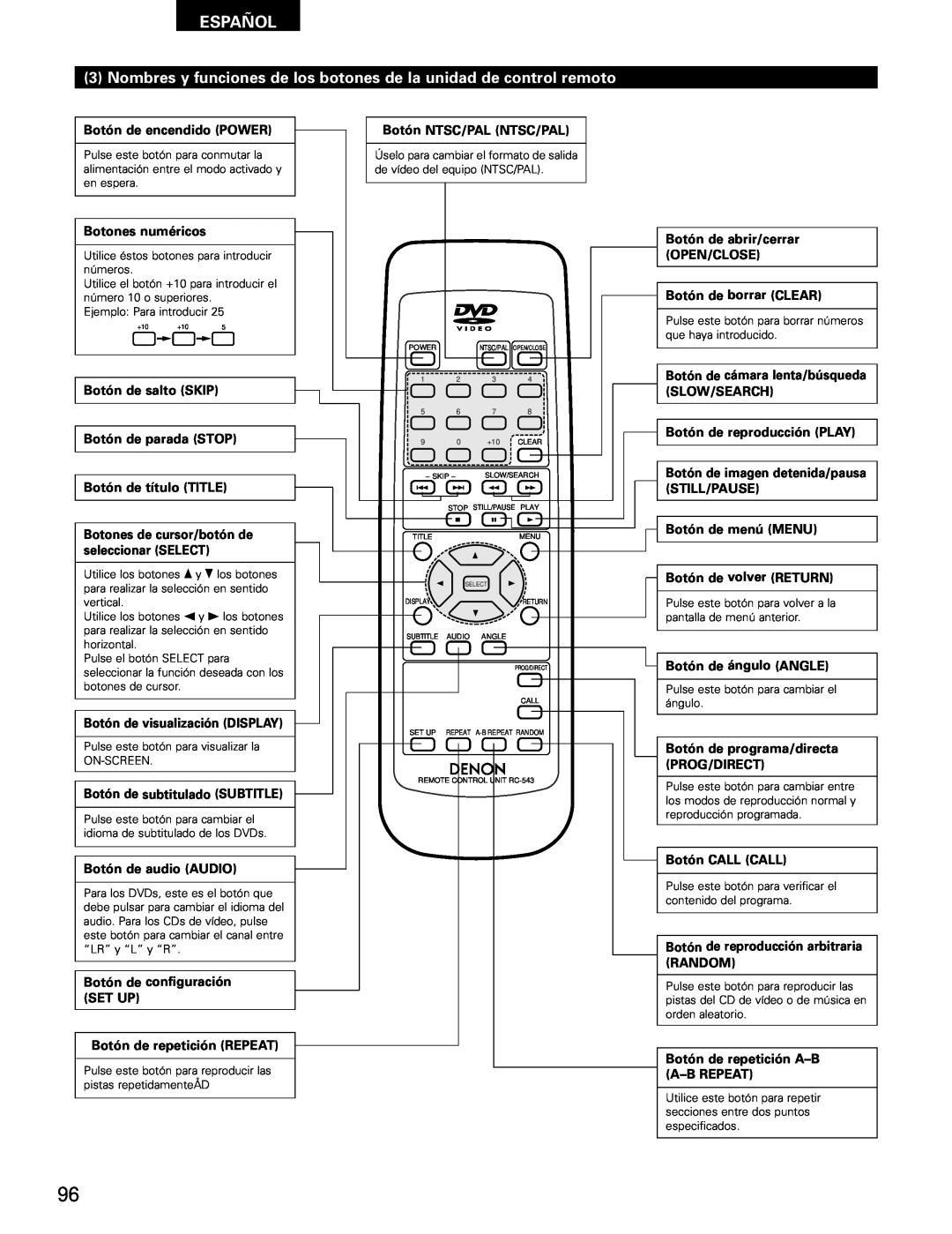 Denon DVD-1000 manual Nombres y funciones de los botones de la unidad de control remoto, Español, Botón de encendido POWER 