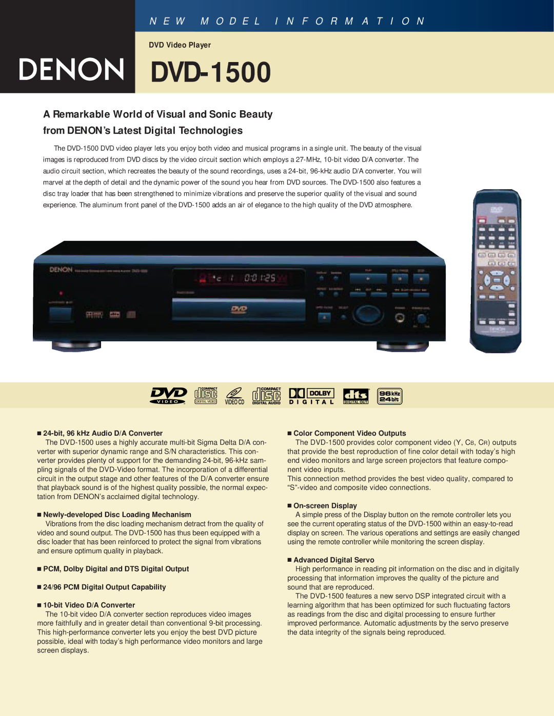 Denon DVD-1500 manual 24-bit, 96 kHz Audio D/A Converter, Newly-developed Disc Loading Mechanism, On-screen Display 