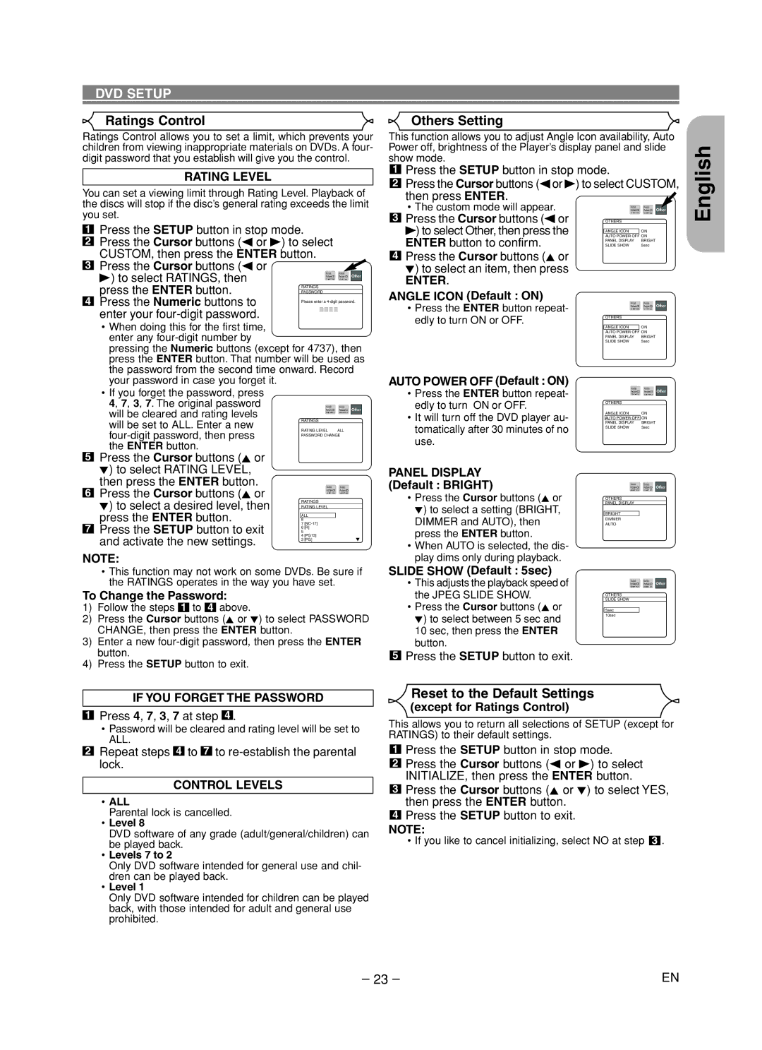 Denon DVD-1720 manual Ratings Control Others Setting, Reset to the Default Settings 