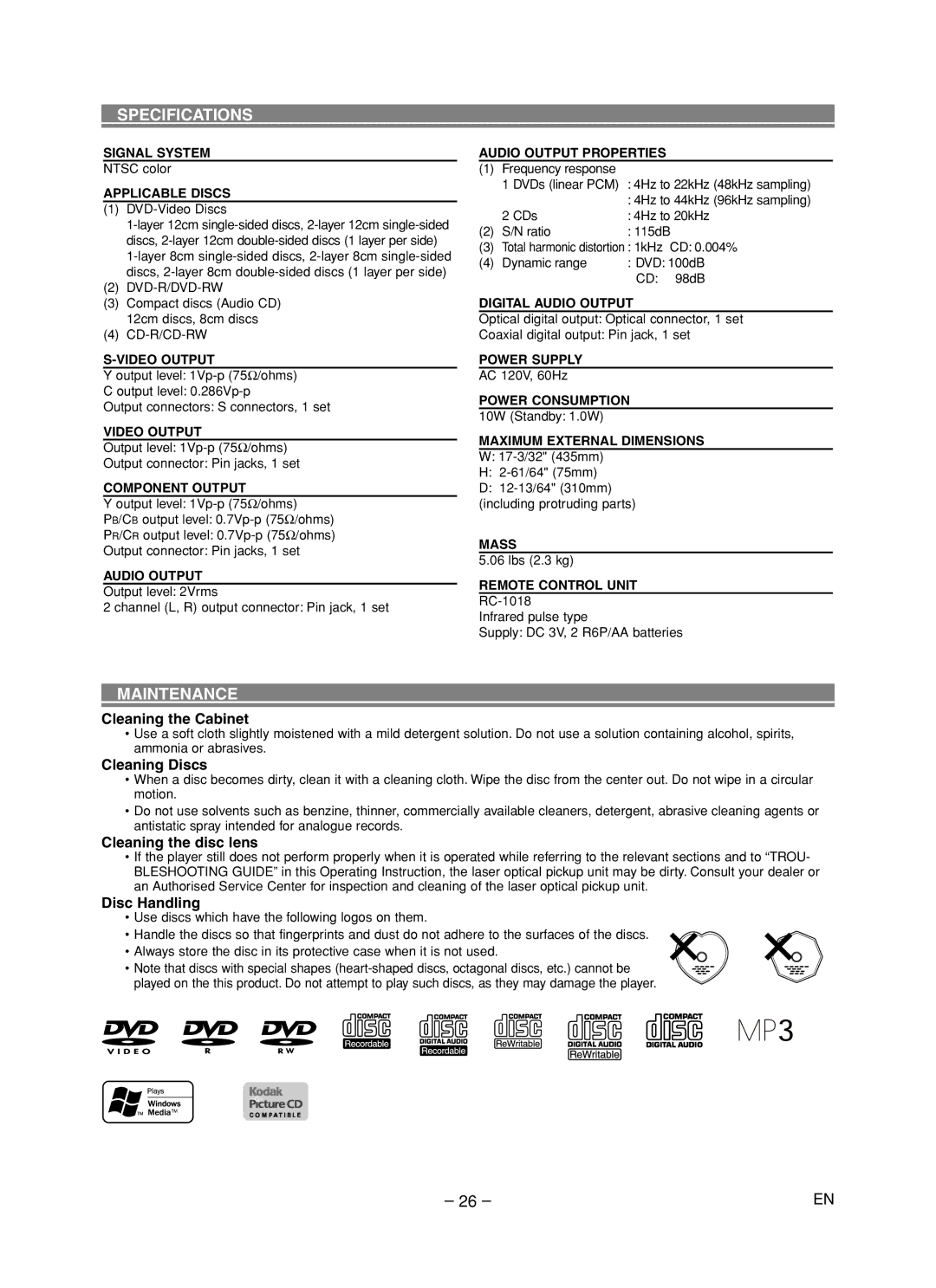 Denon DVD-1720 manual Specifications, Maintenance 