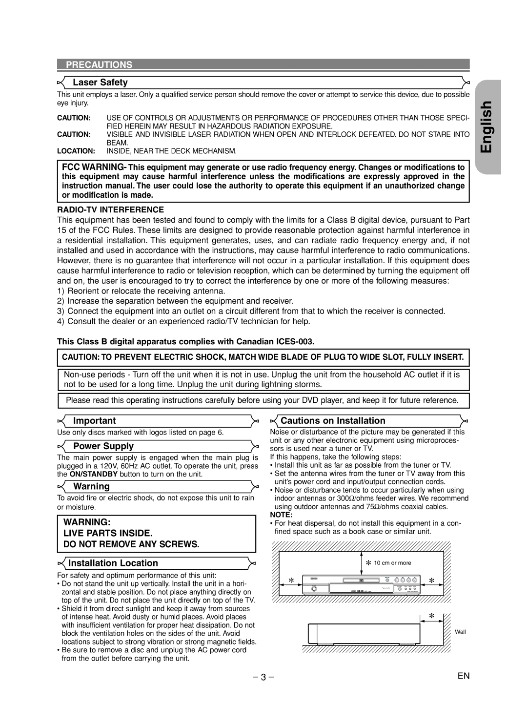 Denon DVD-1720 manual Precautions, Laser Safety, Power Supply, Installation Location, RADIO-TV Interference 