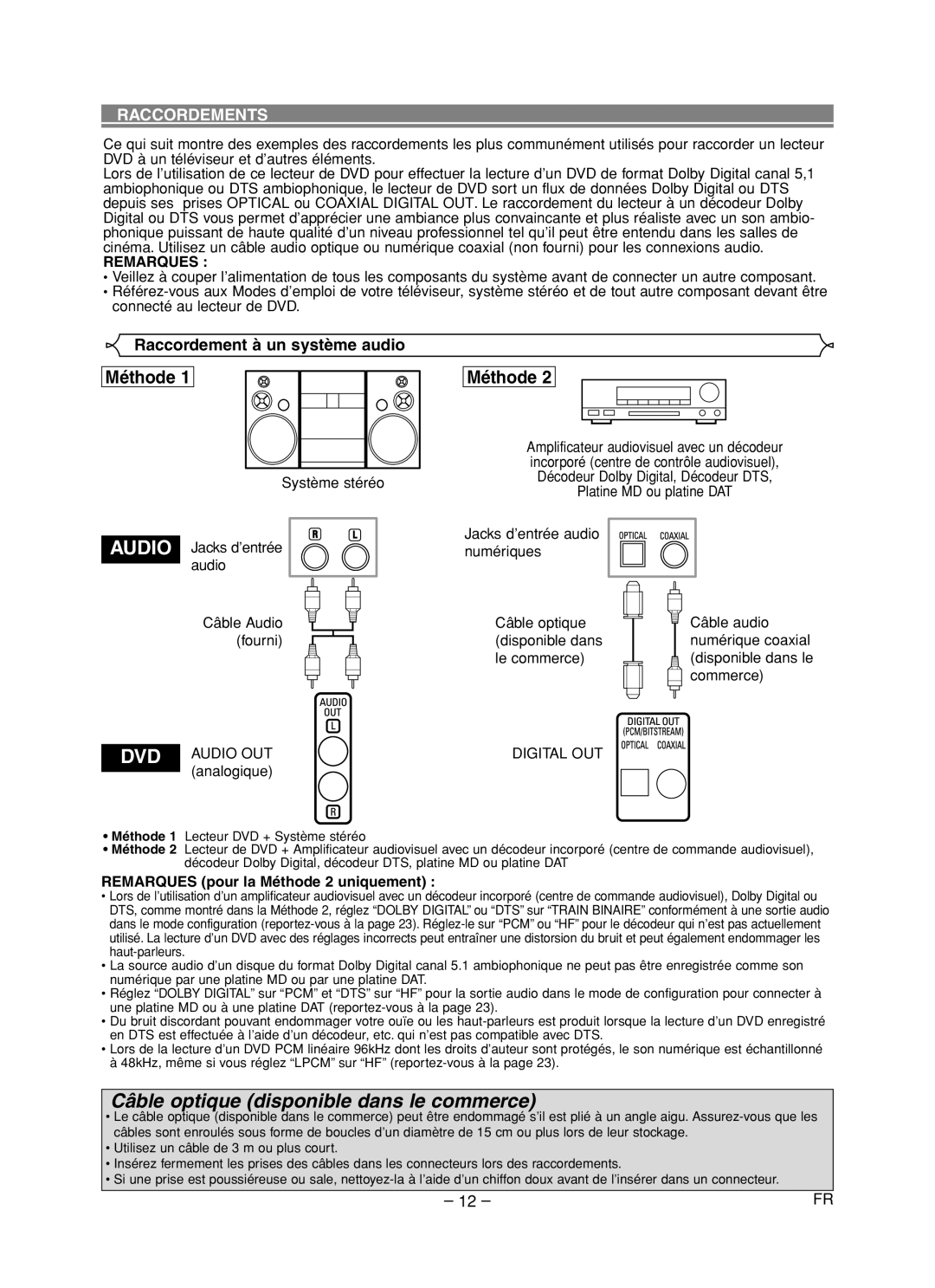 Denon DVD-1720 manual Raccordements, Raccordement à un système audio, Remarques pour la Méthode 2 uniquement 