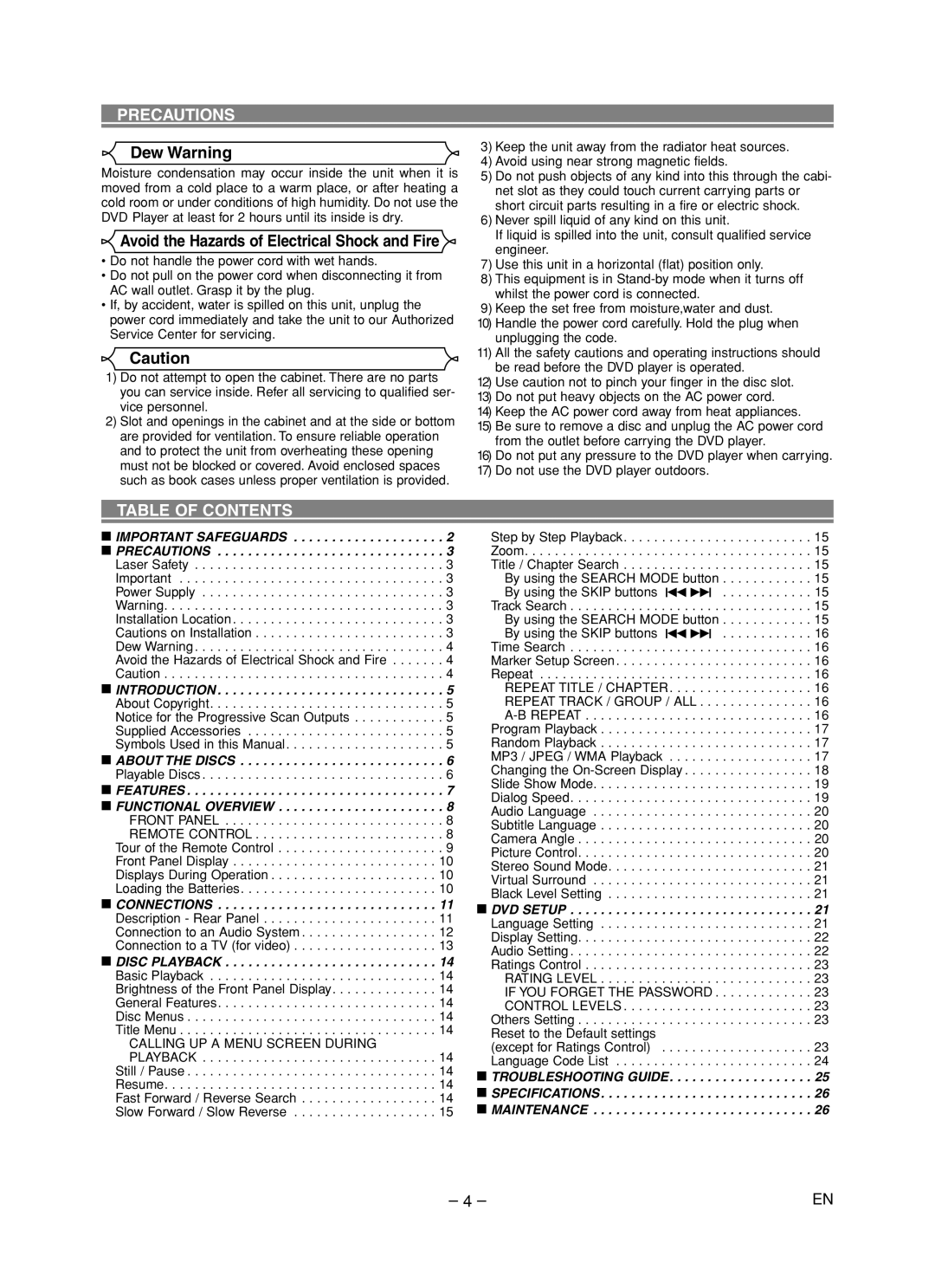 Denon DVD-1720 manual Table of Contents 