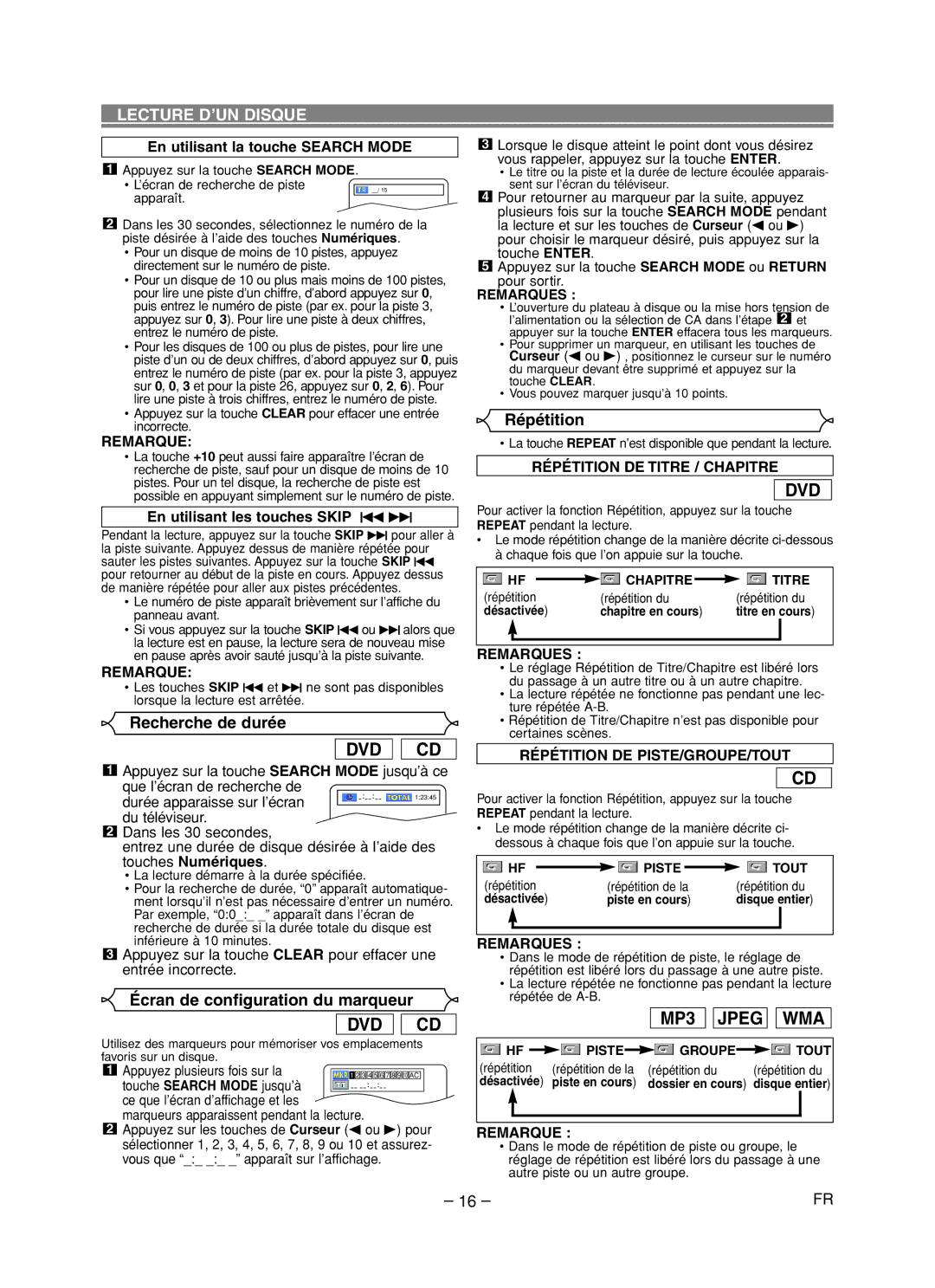 Denon DVD-1720 manual Recherche de durée, Écran de configuration du marqueur, Répétition DE Titre / Chapitre 