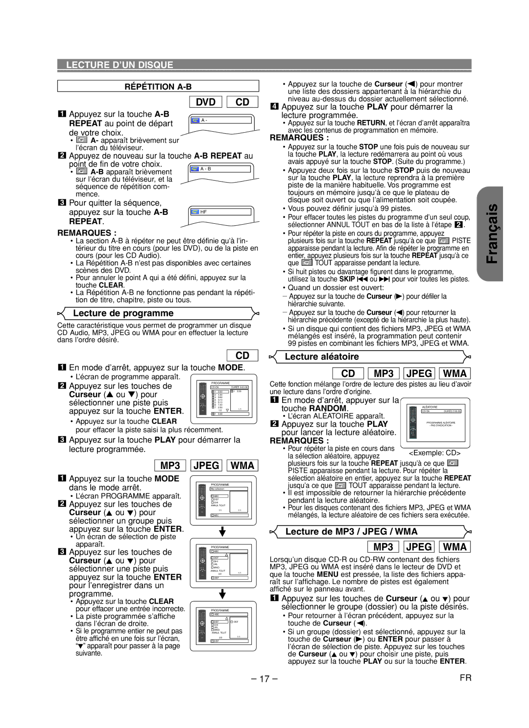 Denon DVD-1720 Lecture de programme, Lecture aléatoire, Lecture de MP3 / Jpeg / WMA, Répétition A-B, Repeat Remarques 