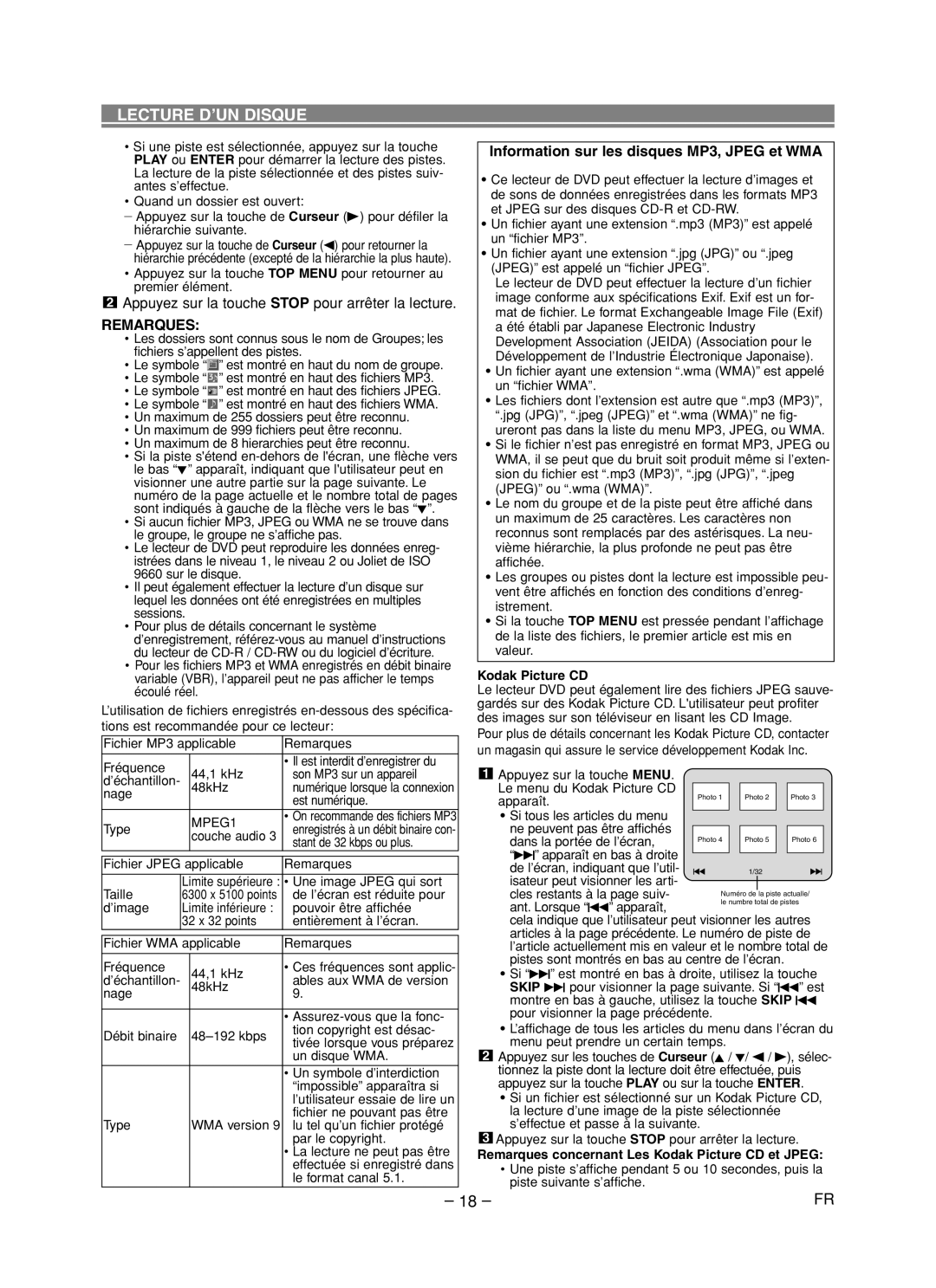 Denon DVD-1720 manual Information sur les disques MP3, Jpeg et WMA, Kodak Picture CD 