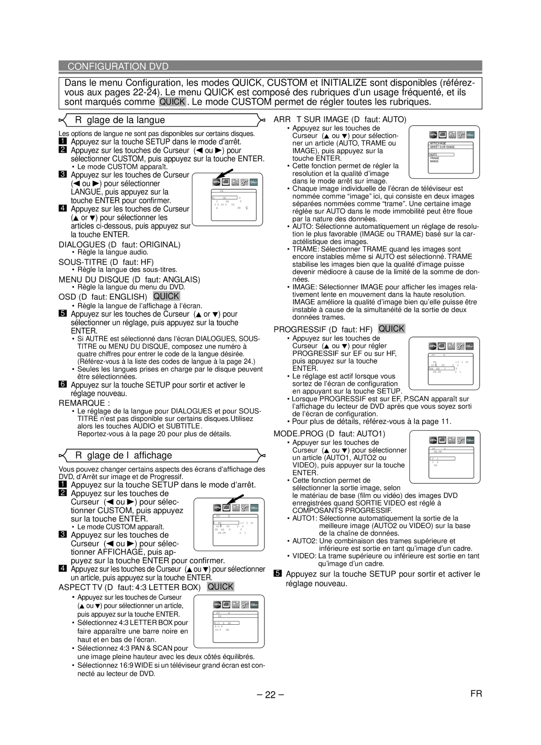 Denon DVD-1720 manual Configuration DVD, Réglage de la langue, Réglage de l’affichage, Enter 