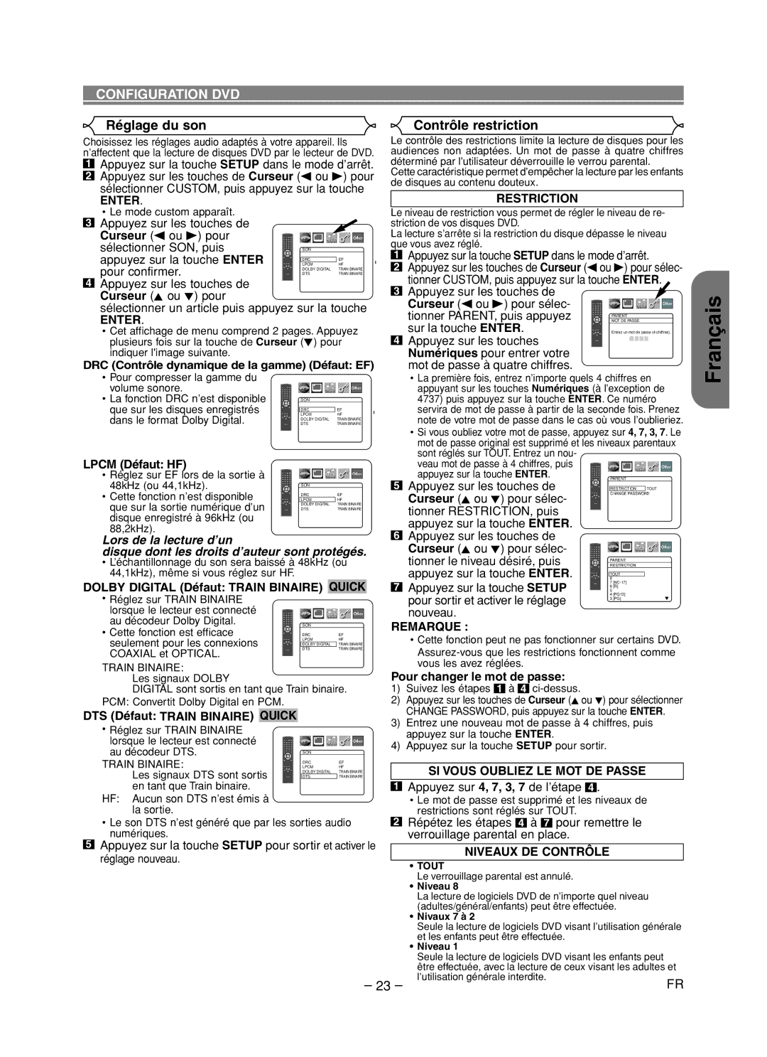 Denon DVD-1720 manual Réglage du son Contrôle restriction, Enter Restriction, SI Vous Oubliez LE MOT DE Passe 