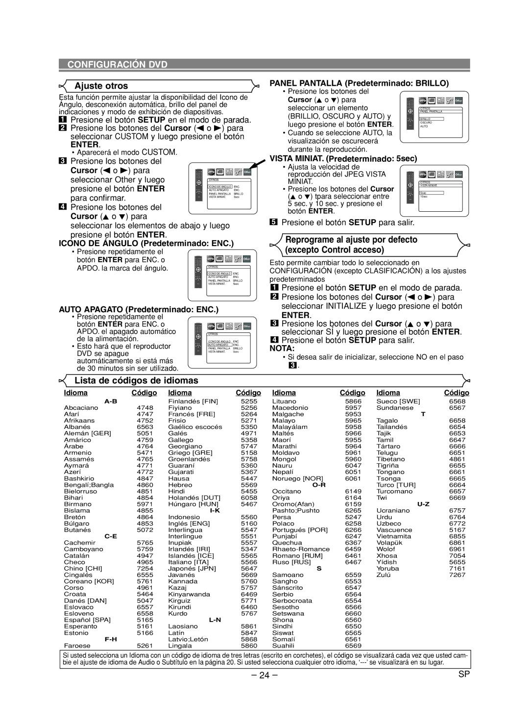 Denon DVD-1720 manual Ajuste otros, Excepto Control acceso, Lista de códigos de idiomas 