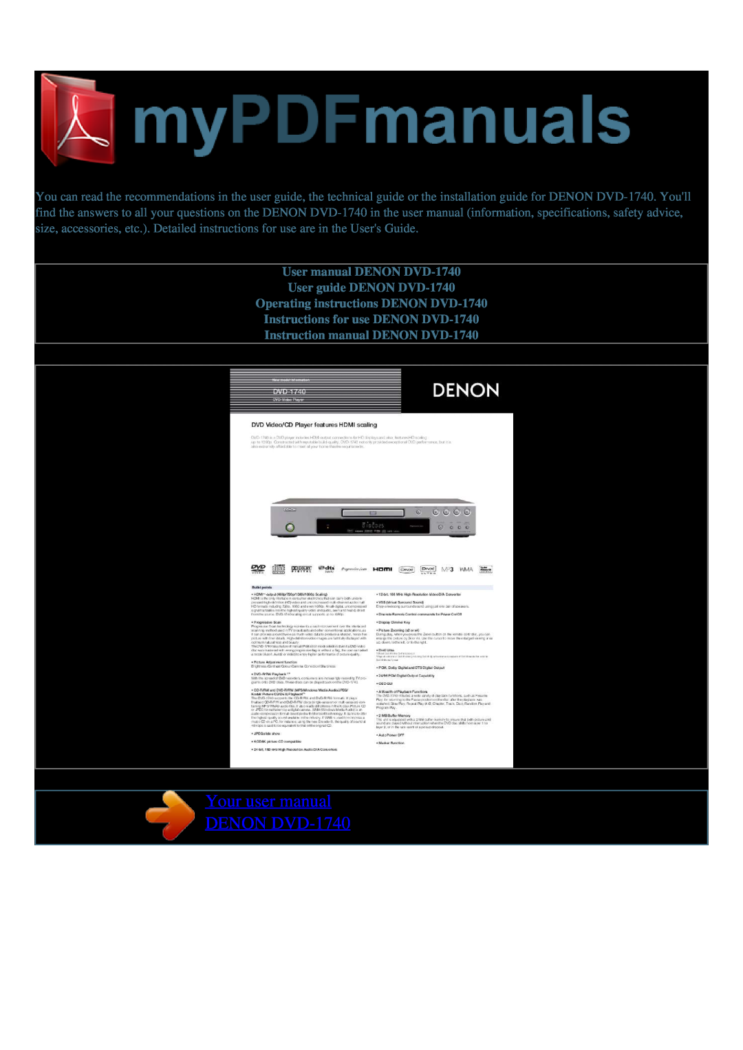 Denon user manual Your user manual DENON DVD-1740, User manual DENON DVD-1740 User guide DENON DVD-1740 
