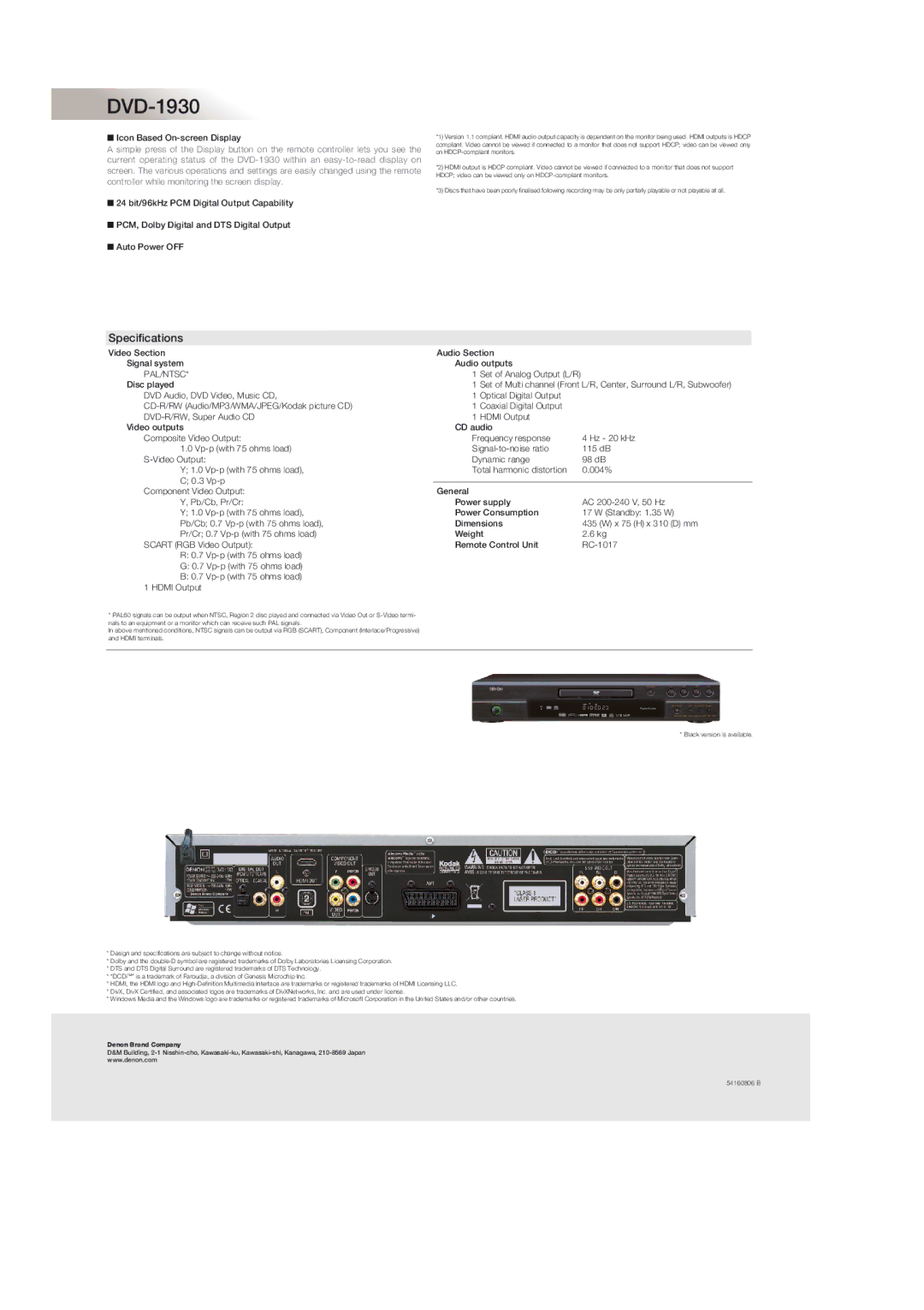 Denon DVD-1930 manual Specifications, Pal/Ntsc 