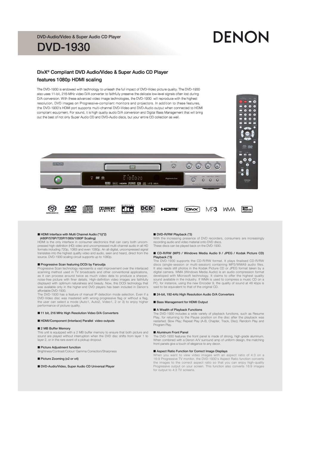 Denon DVD-1930 manual features 1080p HDMI scaling, DVD-Audio/Video& Super Audio CD Player 