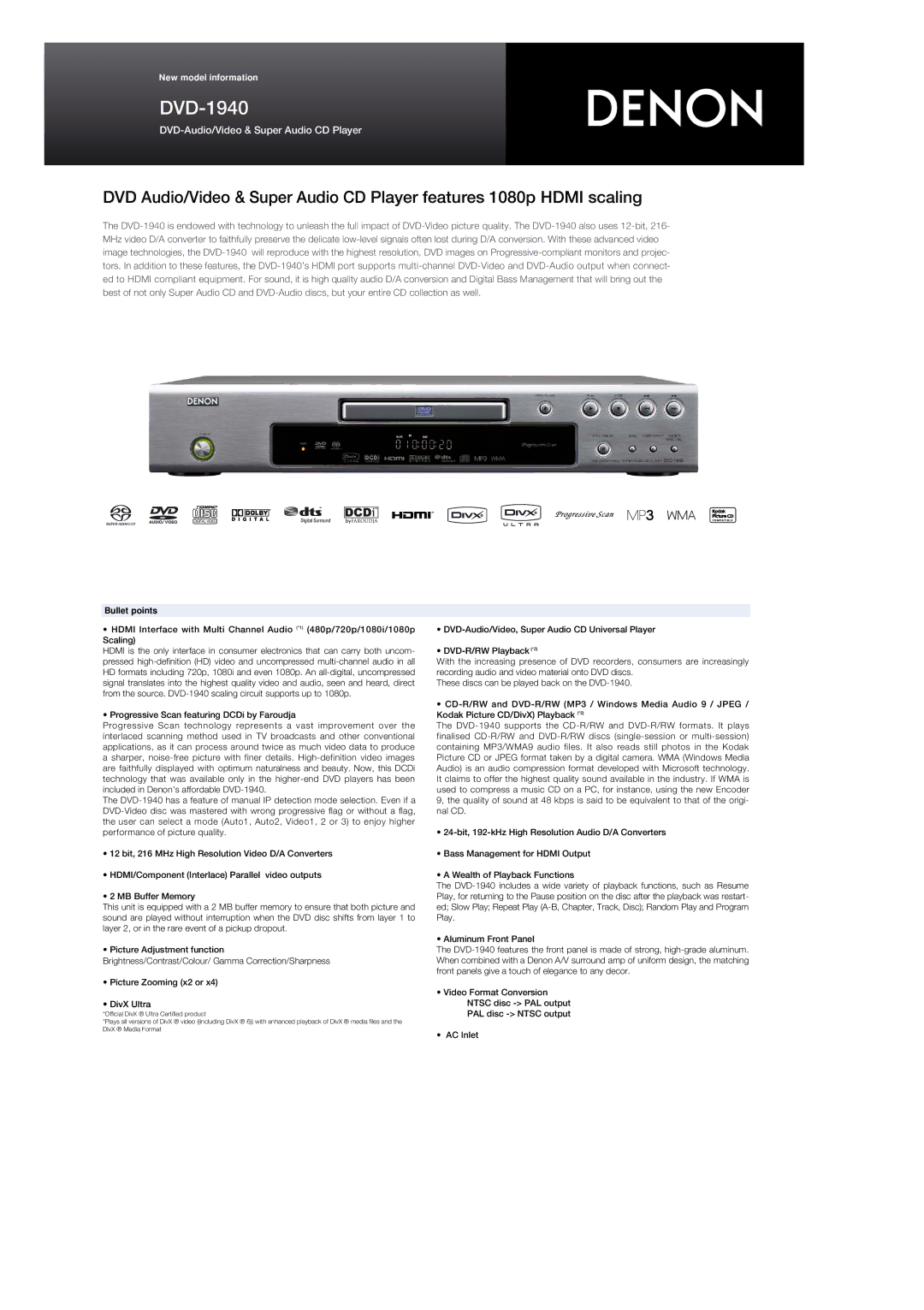 Denon DVD-1940 manual DVD-Audio/Video & Super Audio CD Player, Bullet points 