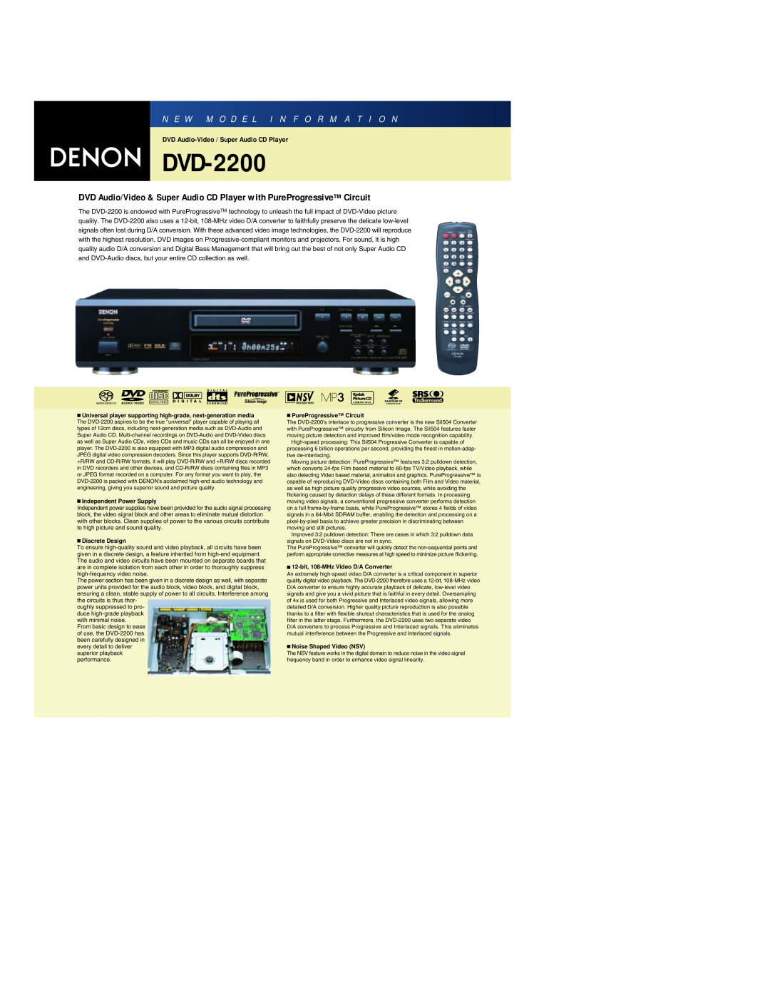 Denon DVD-2200 manual N E W M O D E L I N F O R M A T I O N, DVD Audio-Video / Super Audio CD Player 