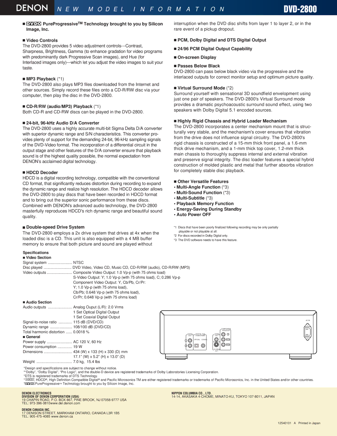 Denon DVD-2800 PureProgressiveTM Technology brought to you by Silicon, Image, Inc, 24/96 PCM Digital Output Capability 