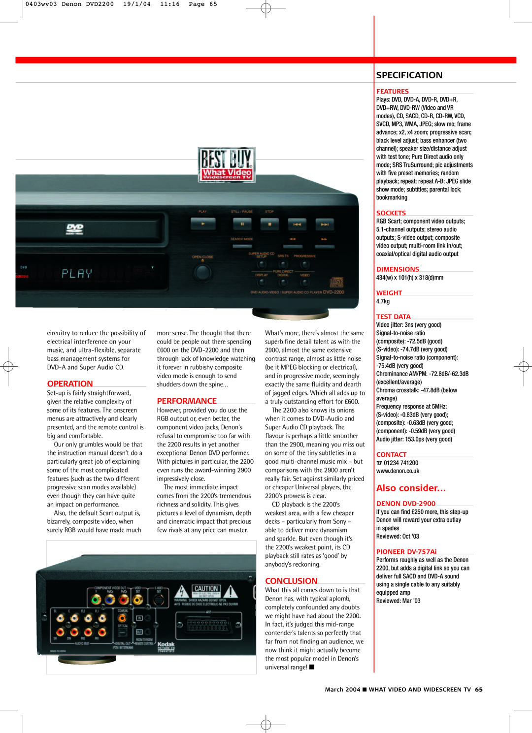 Denon DVD-2900 manual Specification, Operation, Performance, Conclusion, 0403wv03 Denon DVD2200 19/1/04 1116 Page, Features 