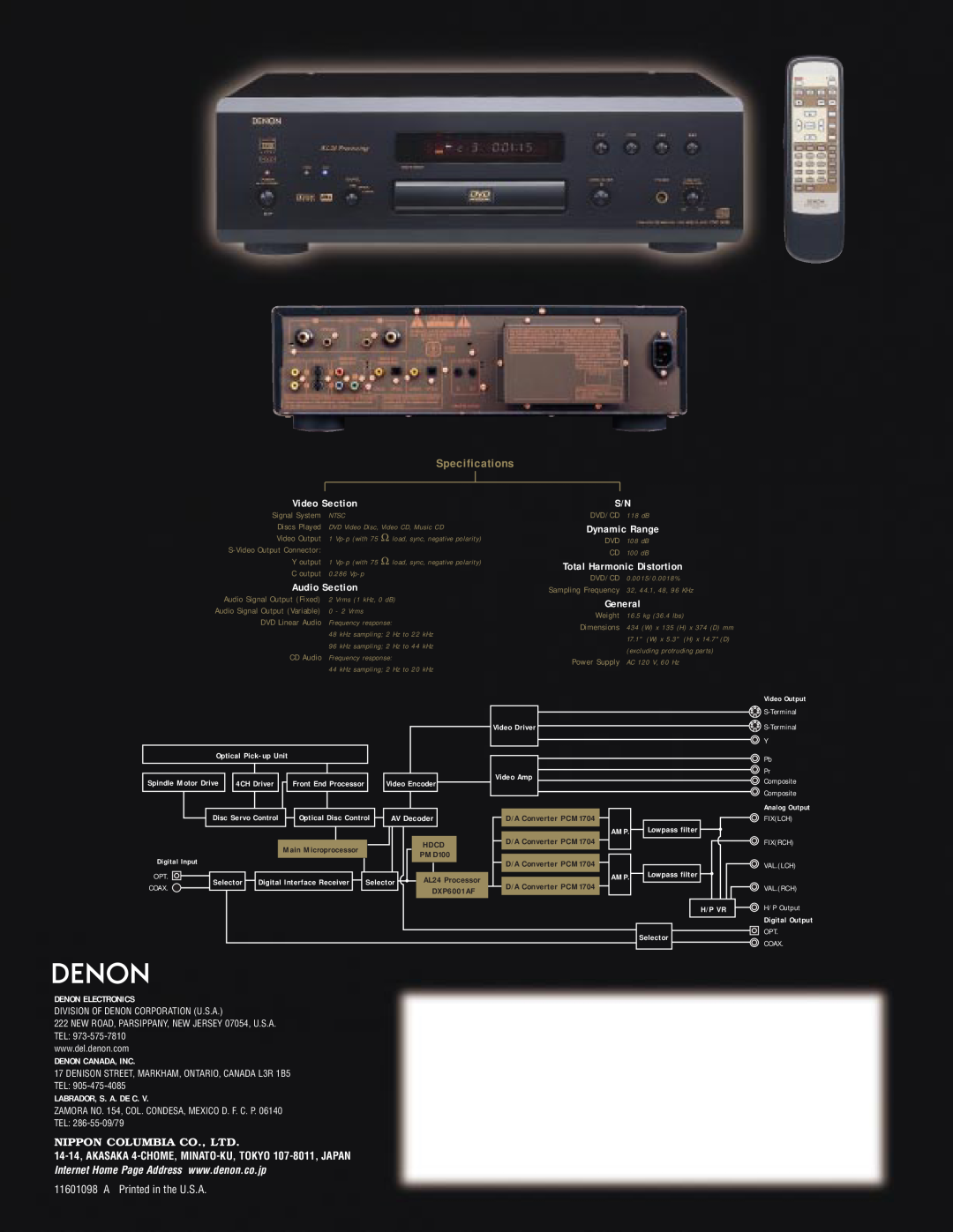 Denon DVD-5000 Specifications, Video Section, Audio Section, S-Terminal S-Terminal Y Pb Pr Composite Composite, Opt Coax 