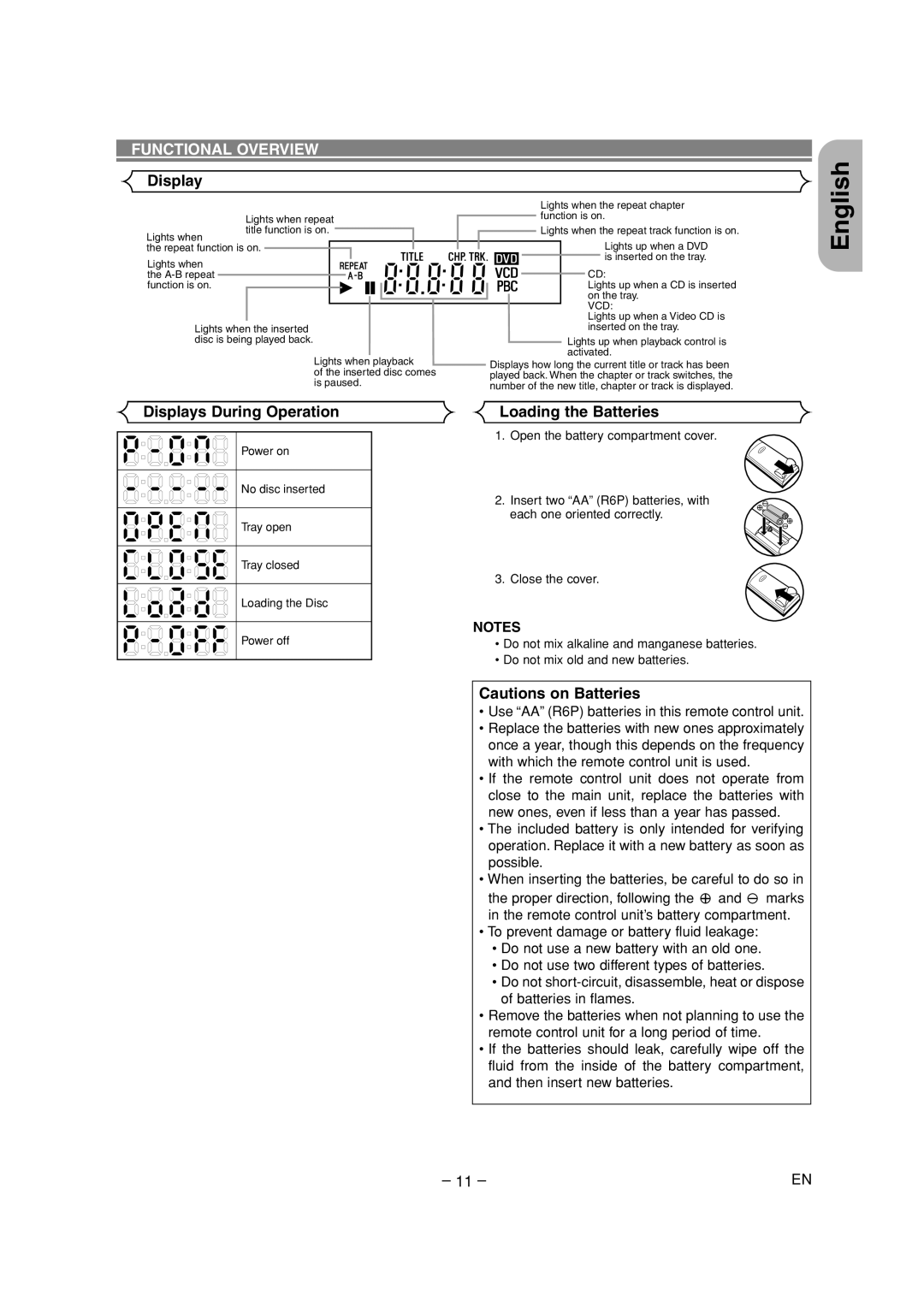 Denon DVD-700 manual Displays During Operation, Loading the Batteries, Use AA R6P batteries in this remote control unit 