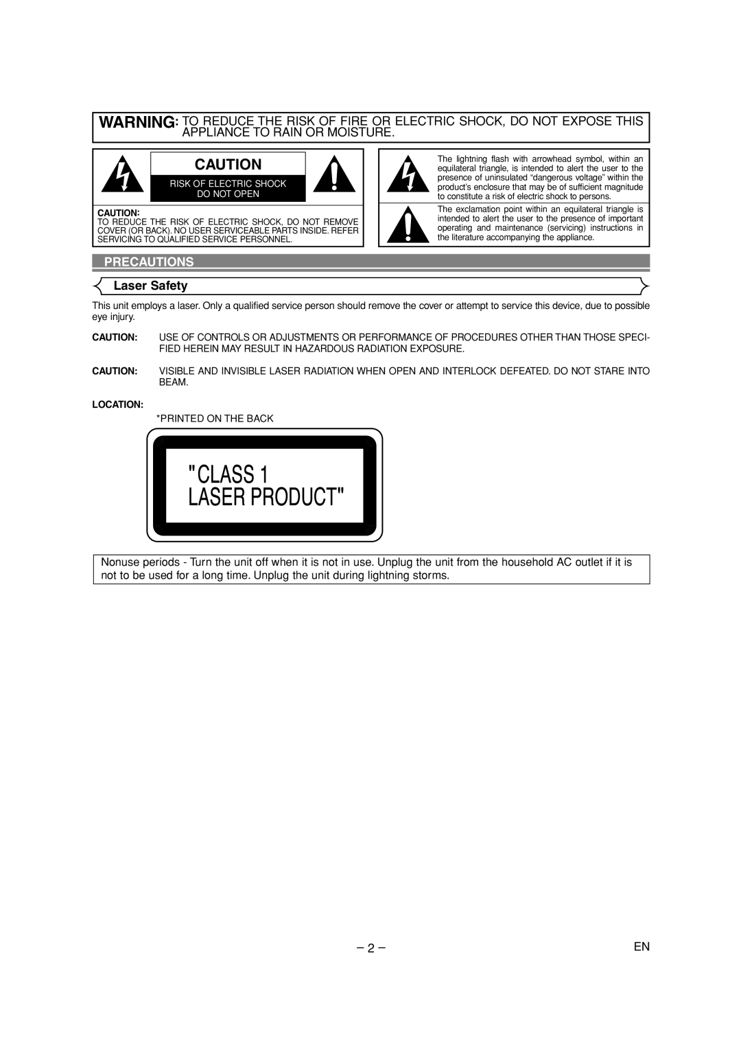 Denon DVD-700 manual Precautions, Laser Safety, Location 