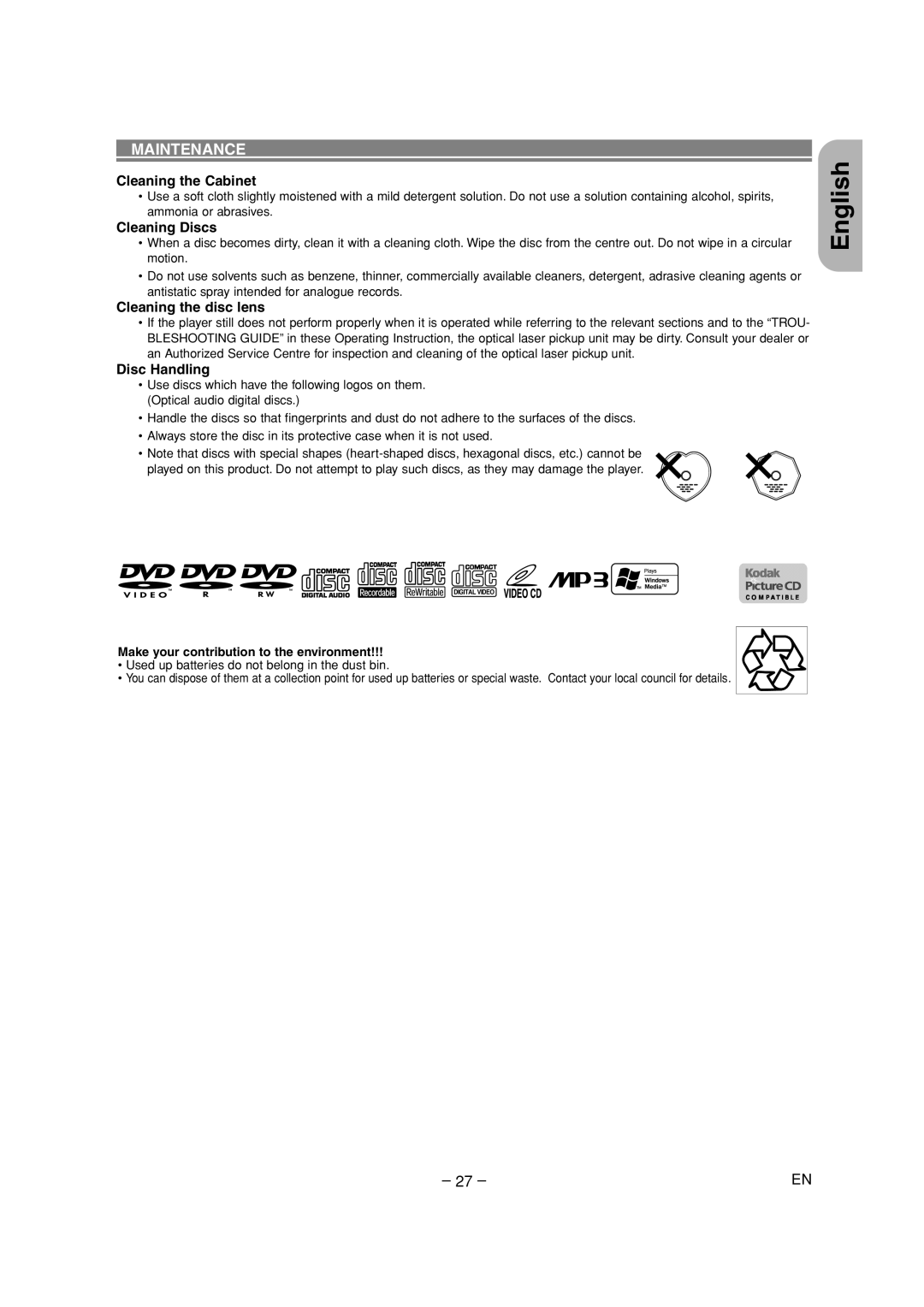 Denon DVD-700 manual Maintenance, Cleaning the Cabinet, Cleaning Discs, Cleaning the disc lens, Disc Handling 