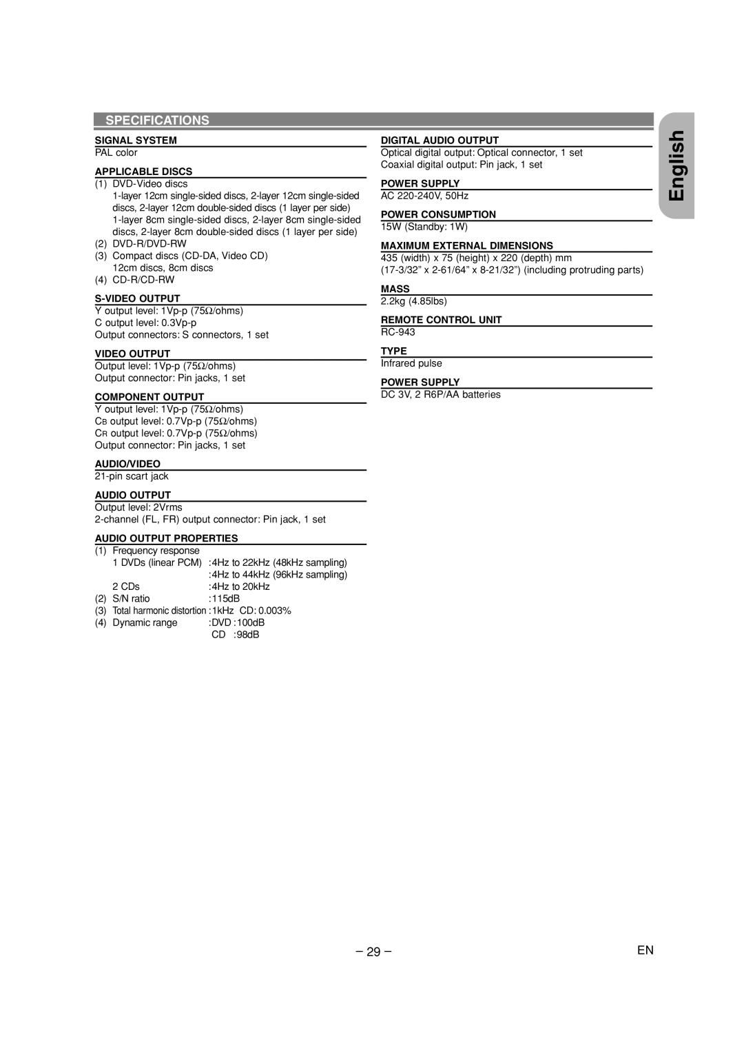 Denon DVD-700 manual Specifications 