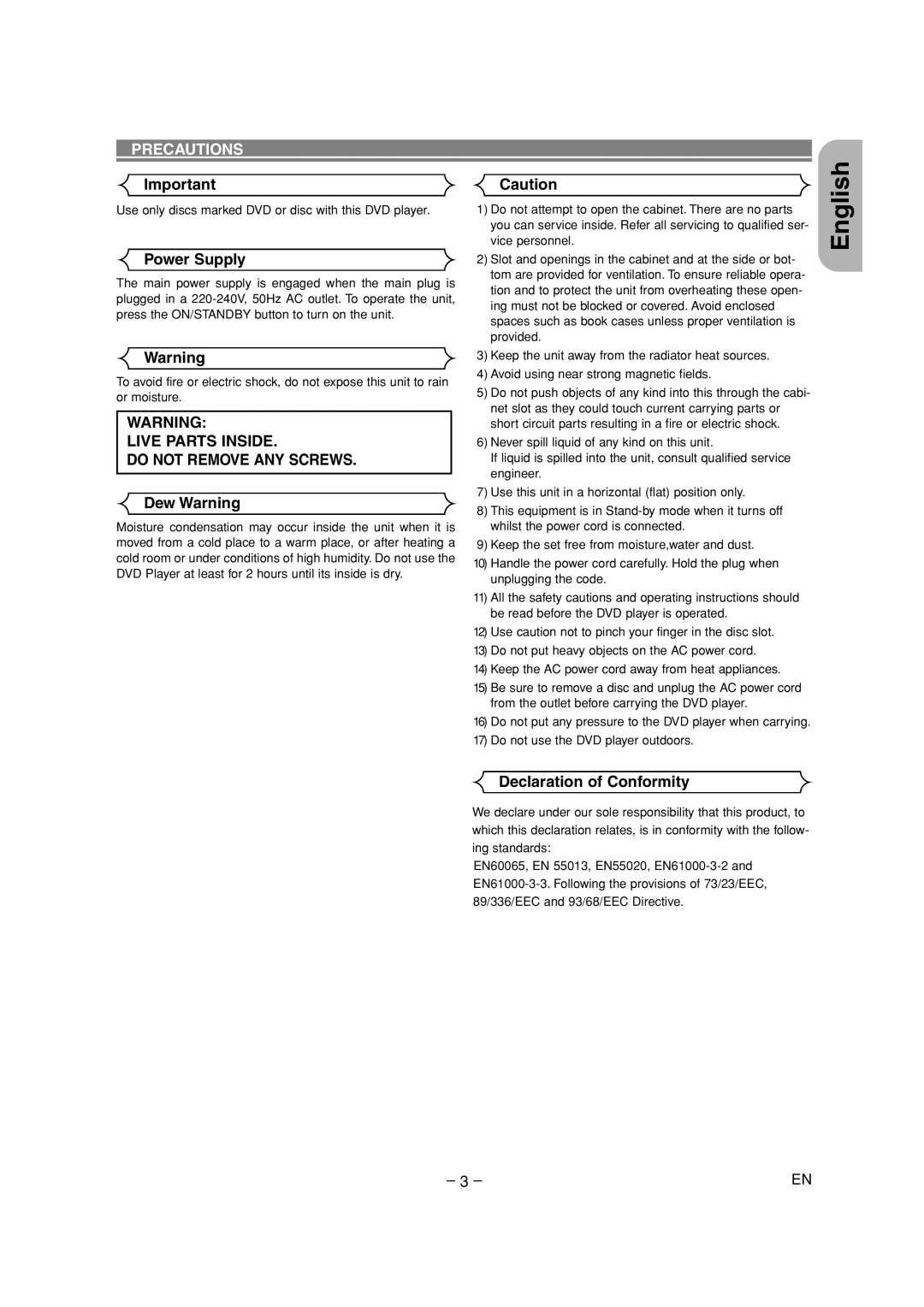 Denon DVD-700 manual Power Supply, Dew Warning, Declaration of Conformity 