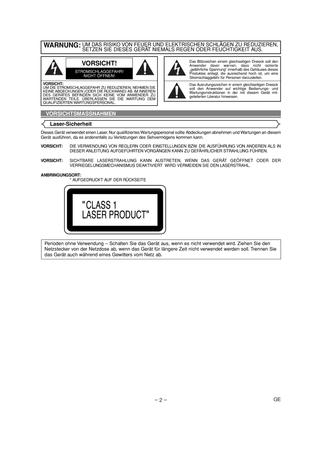 Denon DVD-700 manual Vorsichtsmassnahmen, Laser-Sicherheit, Anbringungsort 