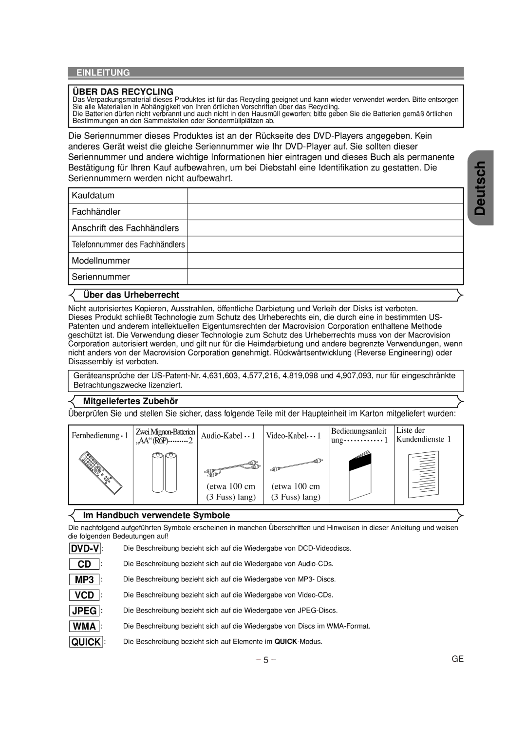 Denon DVD-700 manual Einleitung, Über das Urheberrecht, Mitgeliefertes Zubehör, Im Handbuch verwendete Symbole 