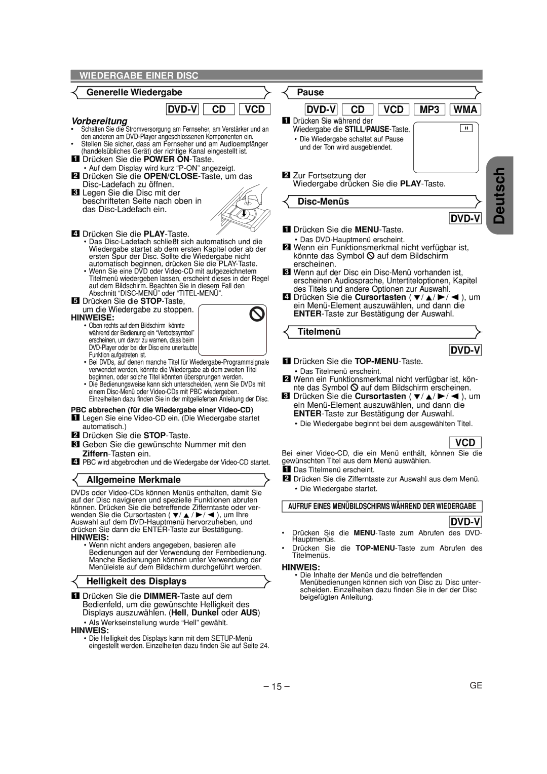 Denon DVD-700 manual Wiedergabe Einer Disc 