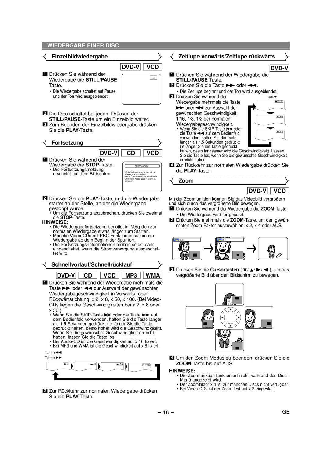 Denon DVD-700 manual Dvd-V, Einzelbildwiedergabe Zeitlupe vorwärts/Zeitlupe rückwärts, Fortsetzung 