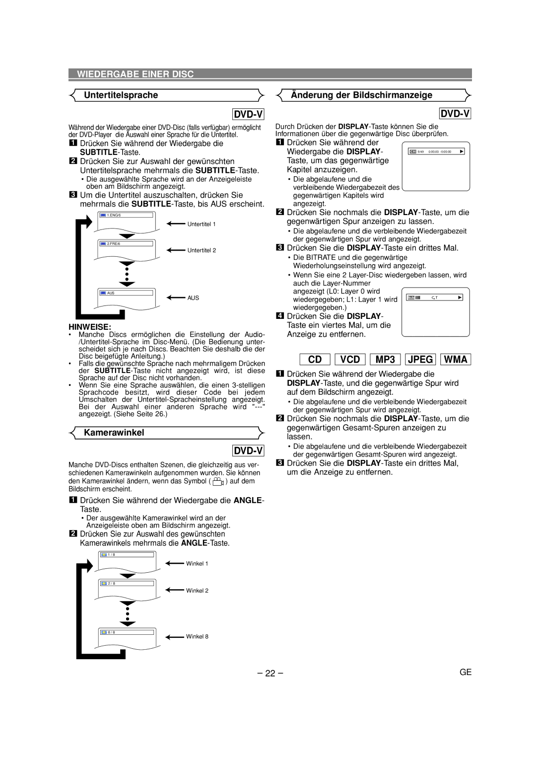 Denon DVD-700 manual Untertitelsprache Änderung der Bildschirmanzeige, Kamerawinkel 