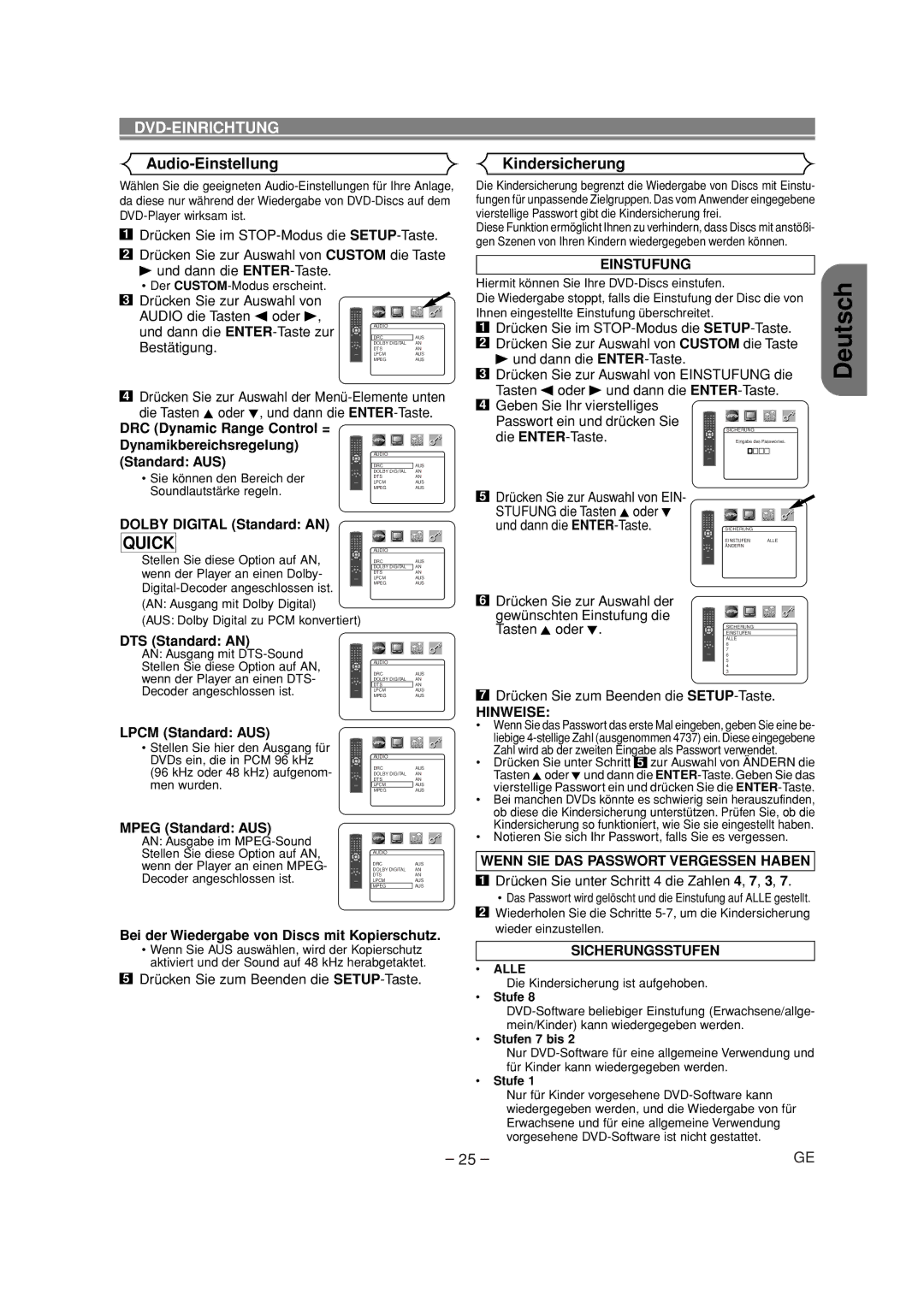 Denon DVD-700 manual Audio-Einstellung Kindersicherung, Einstufung, Wenn SIE DAS Passwort Vergessen Haben, Sicherungsstufen 