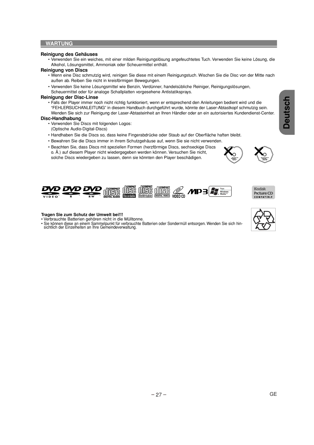 Denon DVD-700 manual Wartung, Reinigung des Gehäuses, Reinigung von Discs, Reinigung der Disc-Linse, Disc-Handhabung 