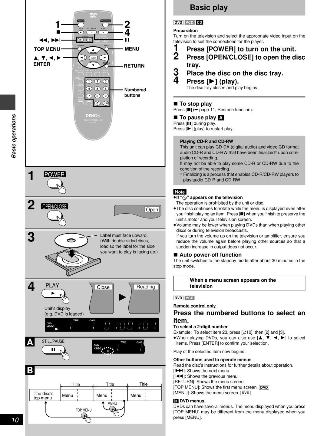 Denon DVD-800 manual Basic play, Press the numbered buttons to select an, Basic operations 